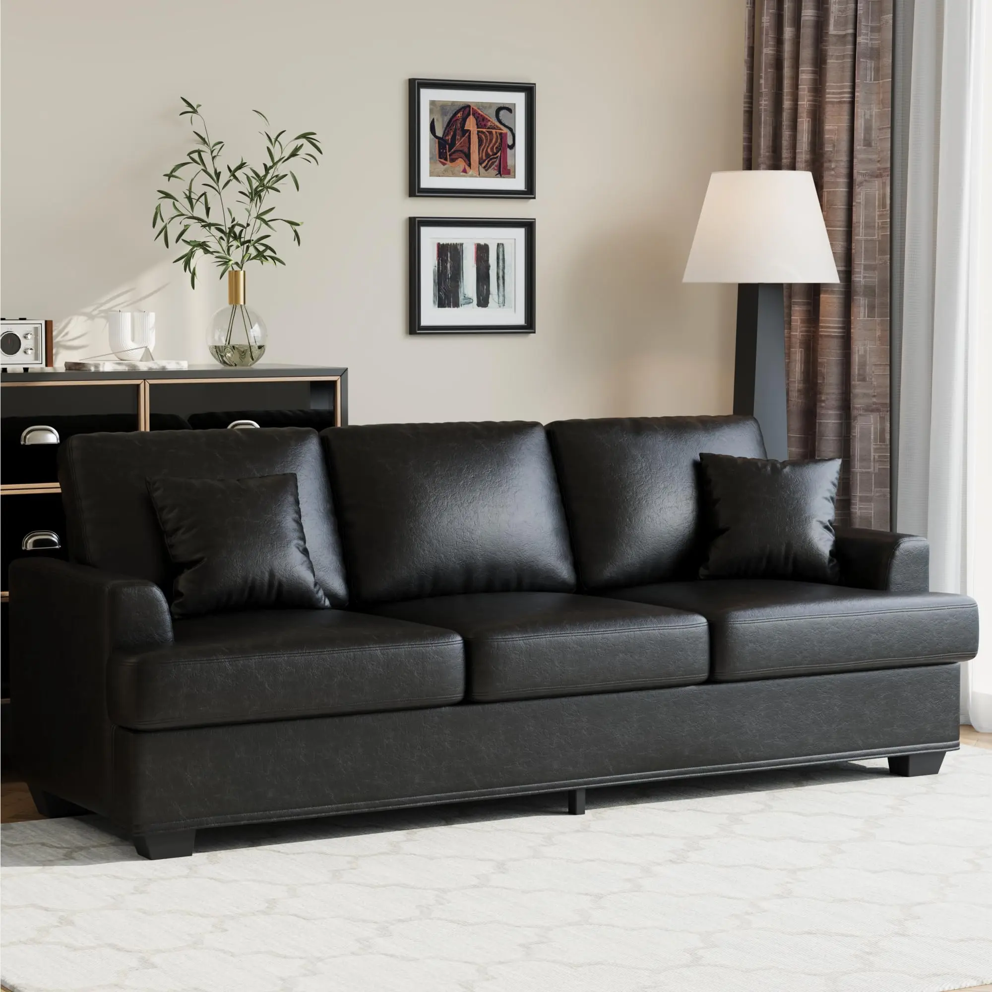 Garvee Modern 86" Black Faux Leather Sofa with Deep Seat, Upholstered Cushions, Removable Cover, and 2 Throw Pillows - Comfortable Couch Perfect for Small Apartment Lounges