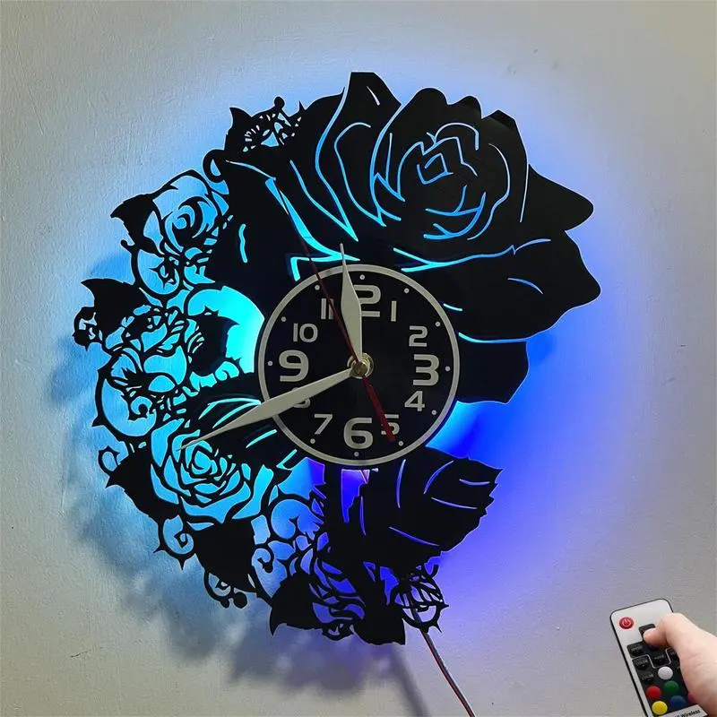 LED Vinyl Wall Clock Vintage Rose Floral Silhouette RGB Backlit Ambient Lighting Wall Decor Silent Non Ticking Wall Watch Aesthetic Room Decor Gift for Birthday Christmas Thanksgiving Valentines Day Housewarming Suitable for Bedroom Living Room Apartment