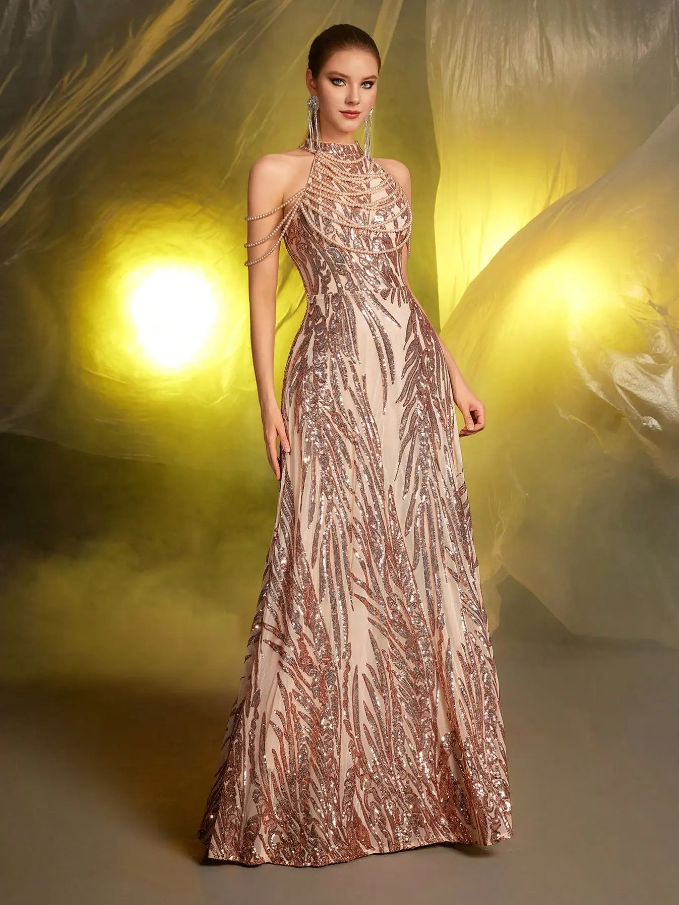 Elegant Women's Halter Neck Multi-Layer Pearl Chain Dress, Rose Gold Leaf Sequins Long Formal Evening Gown, Luxury Hostess Party Dress
