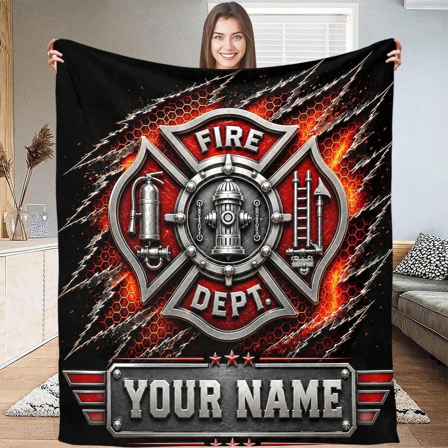 Custom Name Firefighter Flannel Throw Blanket, Personalized Fire Dept Badge Design with Axe Flame Emblem, Soft Cozy Warm Throw for Couch Bed Sofa, Fireman Graduation Birthday Gift for Him Dad Brother, Customizable Your Name Number Station Bedroom Decor