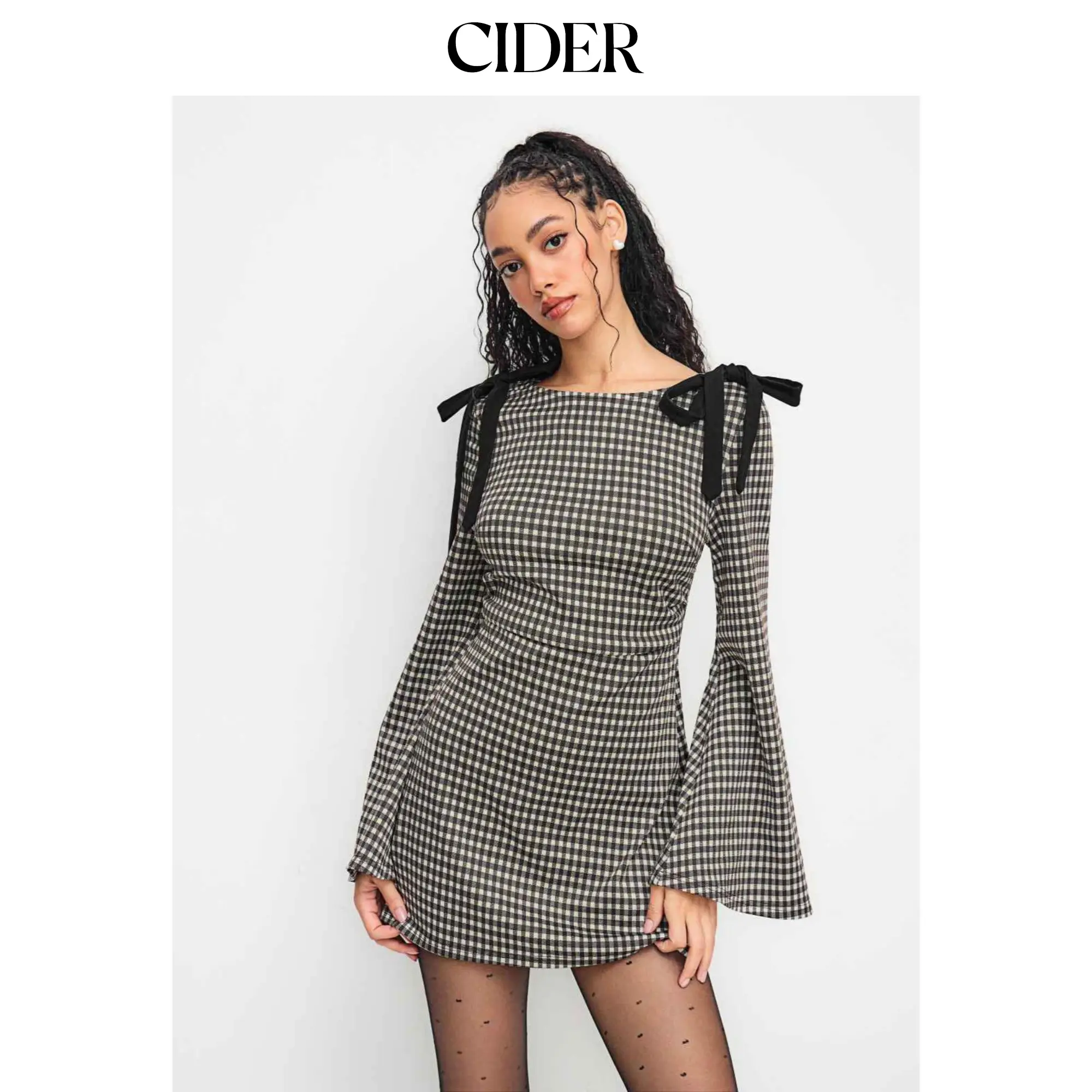 Cider Cotton-blend Boat Neck Gingham Bowknot Ruched Mini Dress [LIVE ONLY]