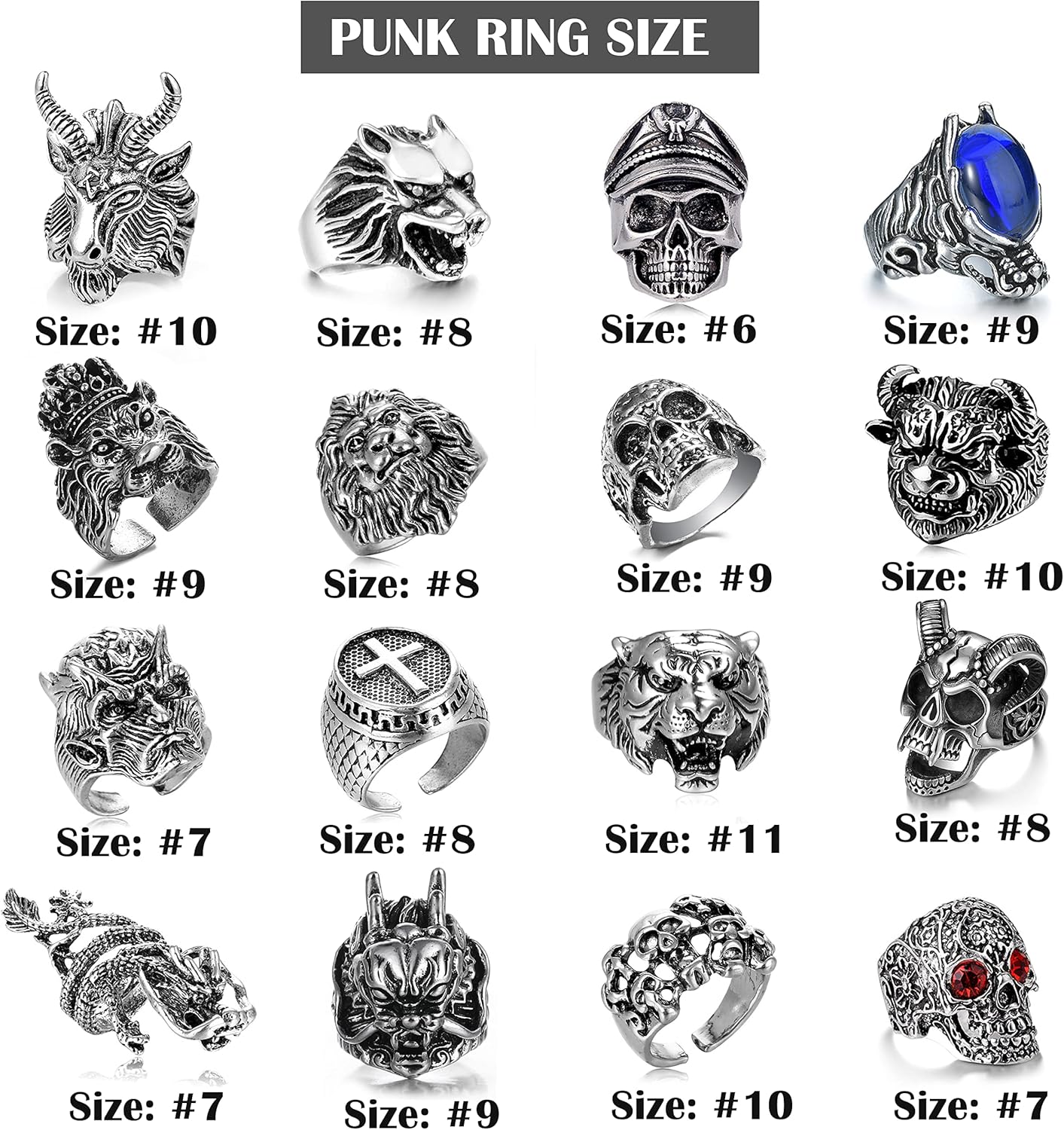 16-24 Pcs Vintage Punk Rings Set Gothic Biker Adjustable Rings Skeleton Skull Ring Feather Snake Drgon Lion Wolf Tiger Head Ring