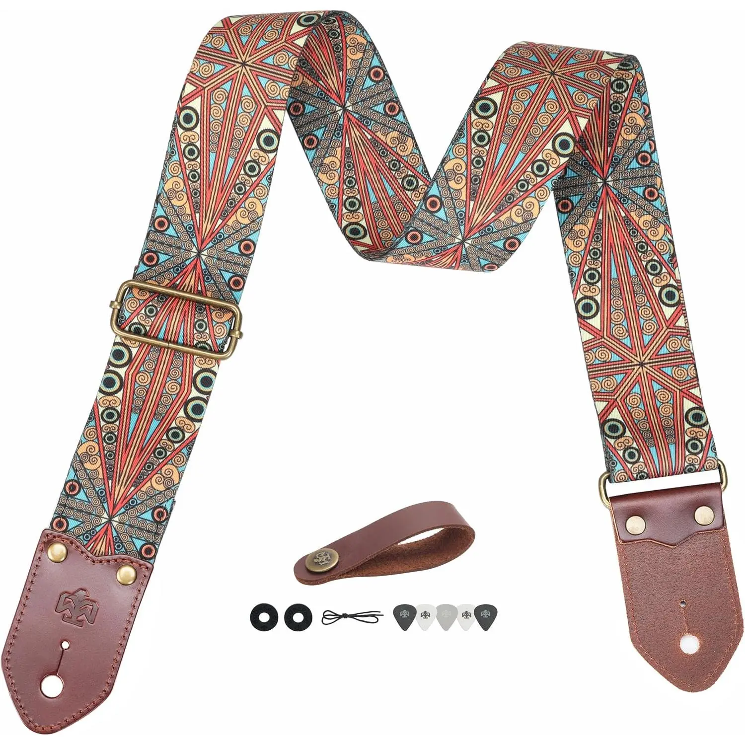 Guitar Strap - 2" Wide Thick Real Cowhide Ends,Safety & Durable Guitar Straps with Exquisitely Bohemia Print Adjustable Strap for Acoustic,Electric & Bass Guitars,Guitarists  Set