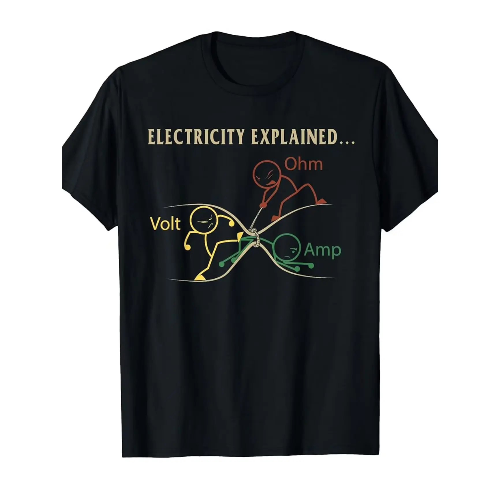 Electricity Explained: Volt, Ohm, Amp Stick Figure Tug of War Graphic Oversized Comfort Cotton T-Shirt, Cute Nerdy Science Outfit, Ideal Valentine's Gift for Electrical Engineers, Best STEM-Themed Holiday Present Fashion Tee