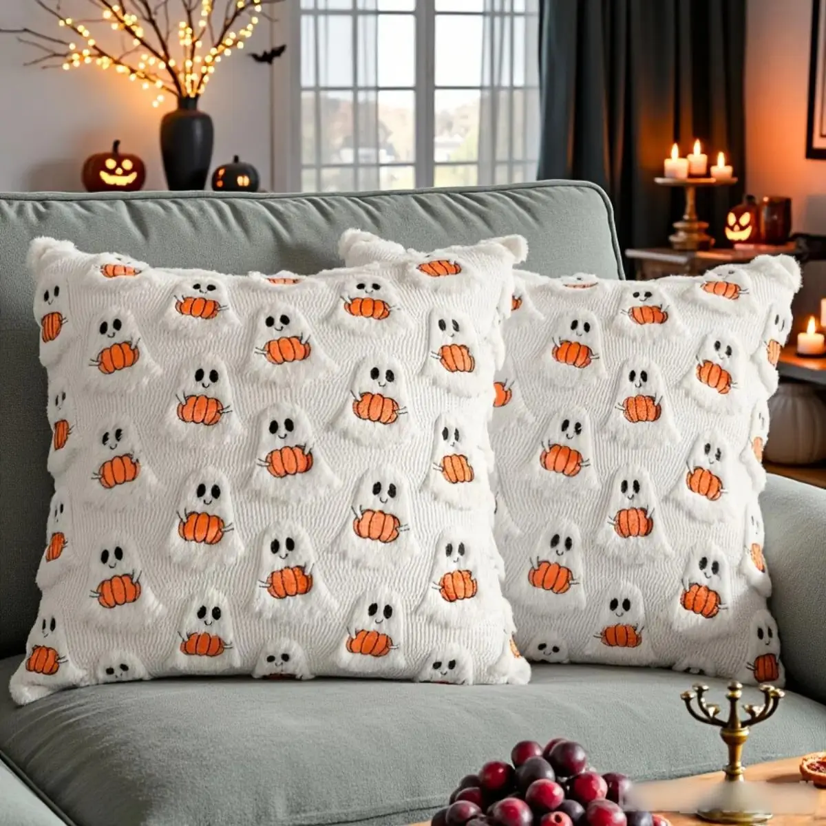 1 pack, ghost pumpkin plush pillow cover, cute horror cartoon style quilted decorative cushion cover, 18X18 inches, suitable for living room and bedroom Halloween decoration, excluding pillow core.