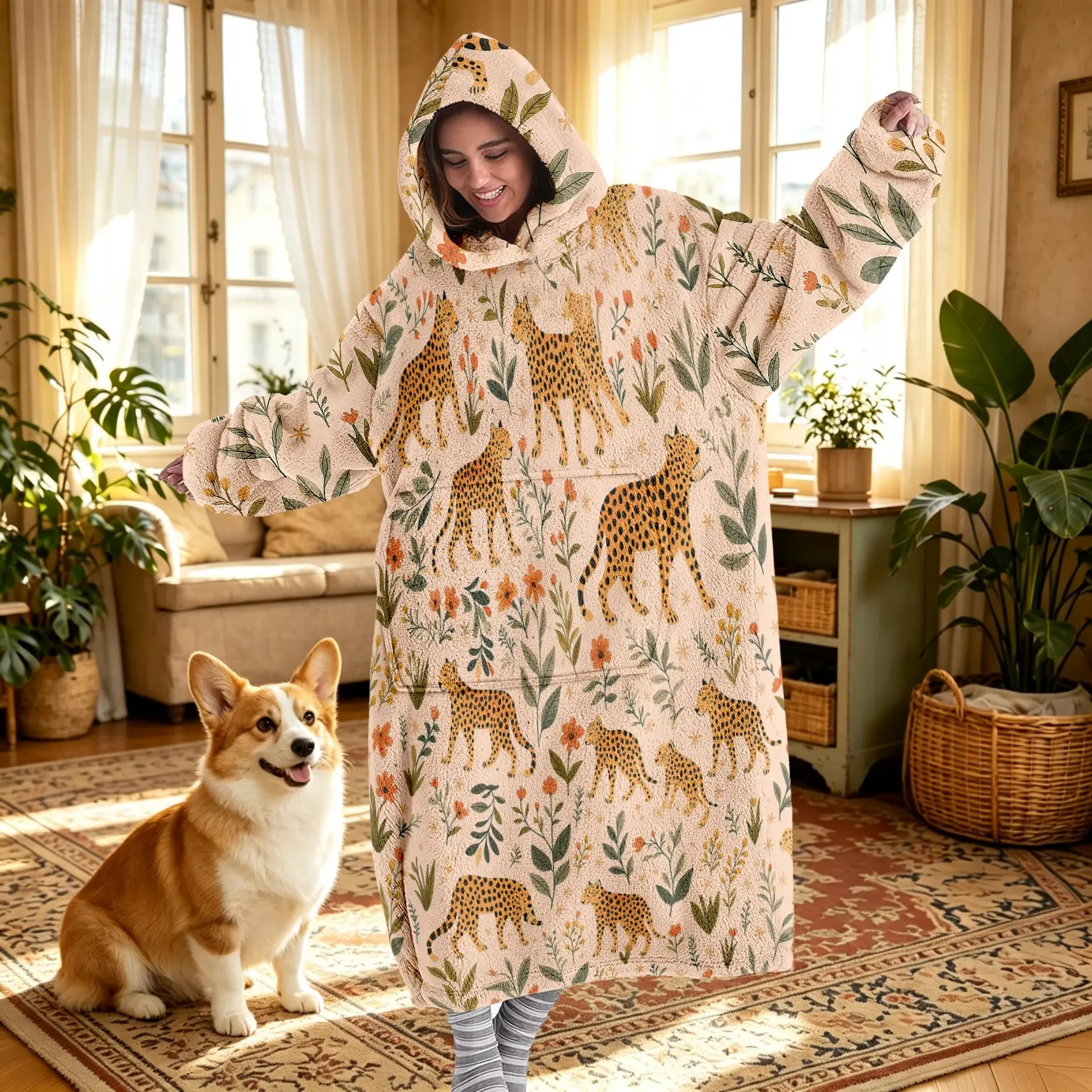 Cheetah Print Hooded Wearable Blanket, Loose Fit Large Pockets, Lazy Style Cape, Soft Print, Unisex, Perfect Gift for Christmas and Valentine's Day