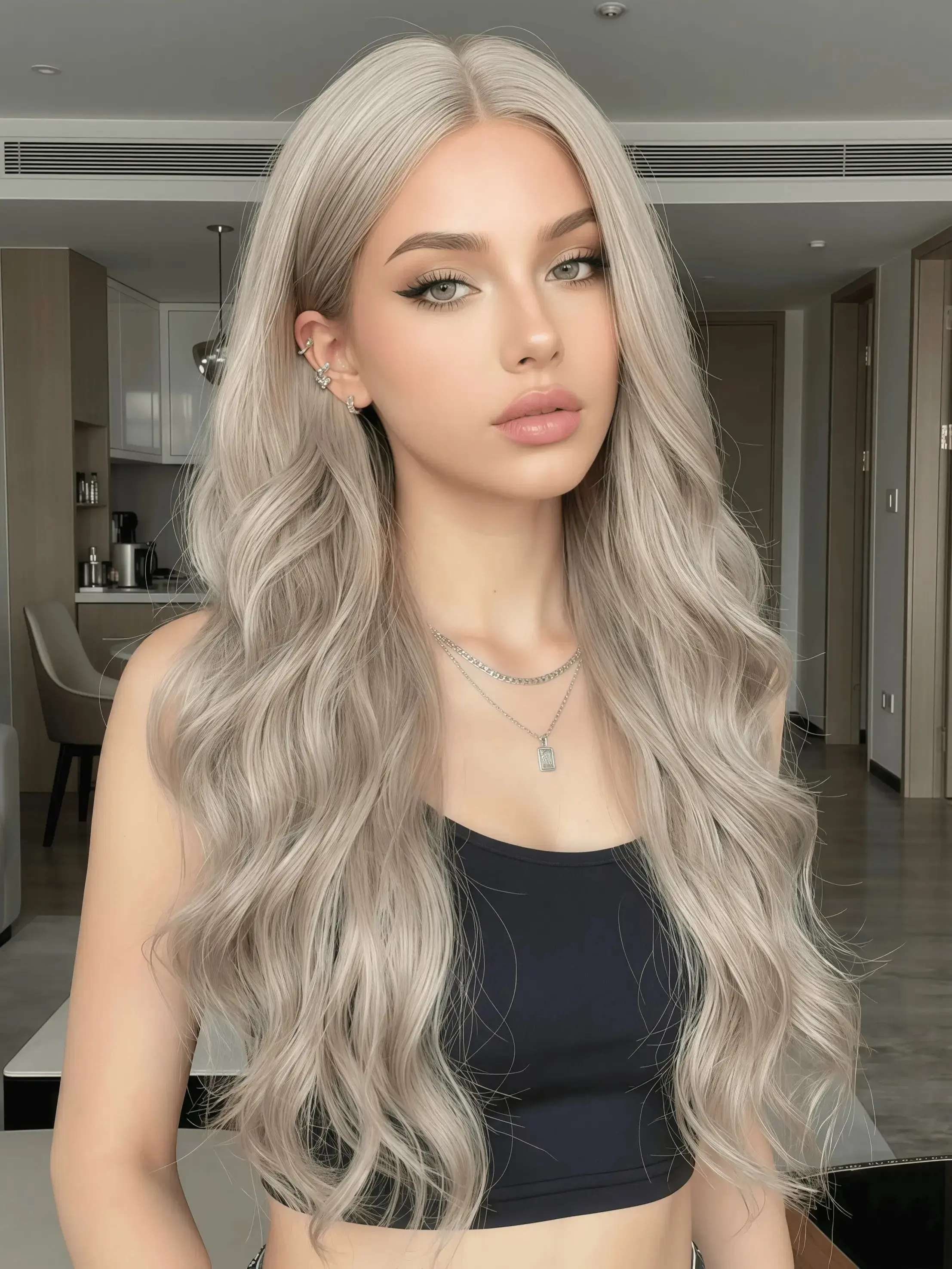 Ash Blonde Long Wavy Wig for Women - Cool Toned 28-inch Platinum Ash Blonde Water Wave Wig, Middle Part Natural Look, Glueless Heat Resistant Synthetic Fiber Wig for Daily Wear, Party, Cosplay