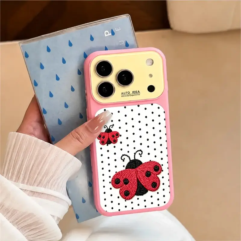 Ladybug Embroidered Phone Case Cover - Minimalist Art Style, Dopamine Color Collision, Nature Lover Gift Accessory for iPhone 17, 16 Plus, 15, 14, 13, 12, 11 Series, Accessories