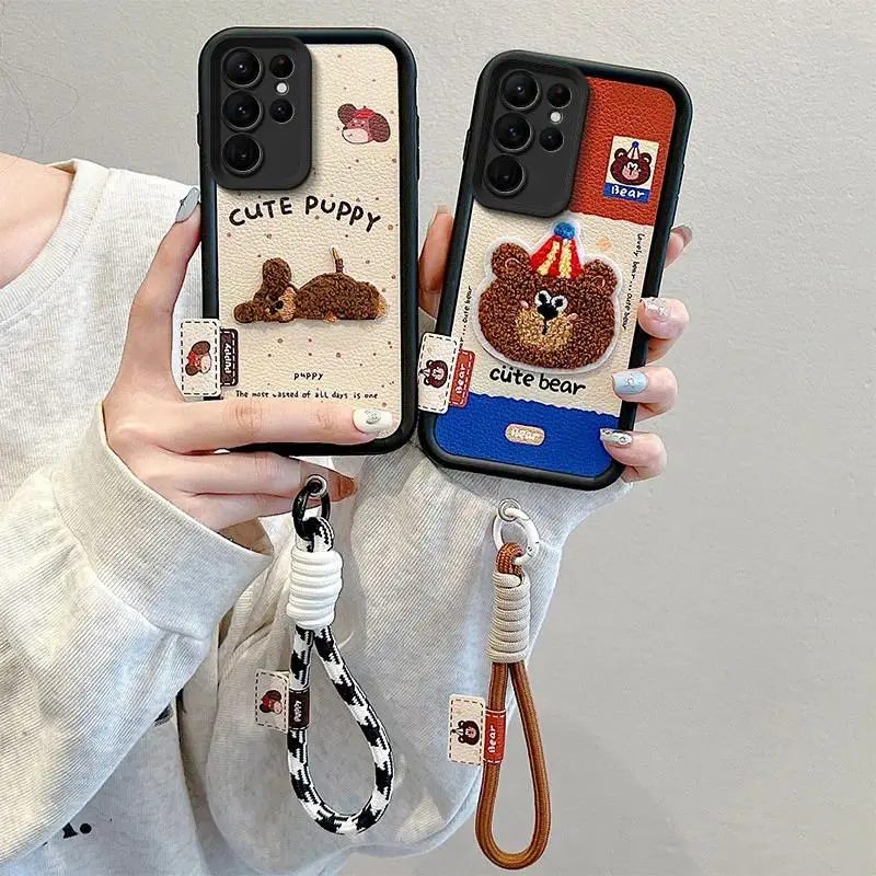 For Samsung Galaxy S25 S24 S23 Ultra S23 FE Phone Case Cute Cartoon Egg Hamburger Little Dog Bear Cases Wristband Strap Cover