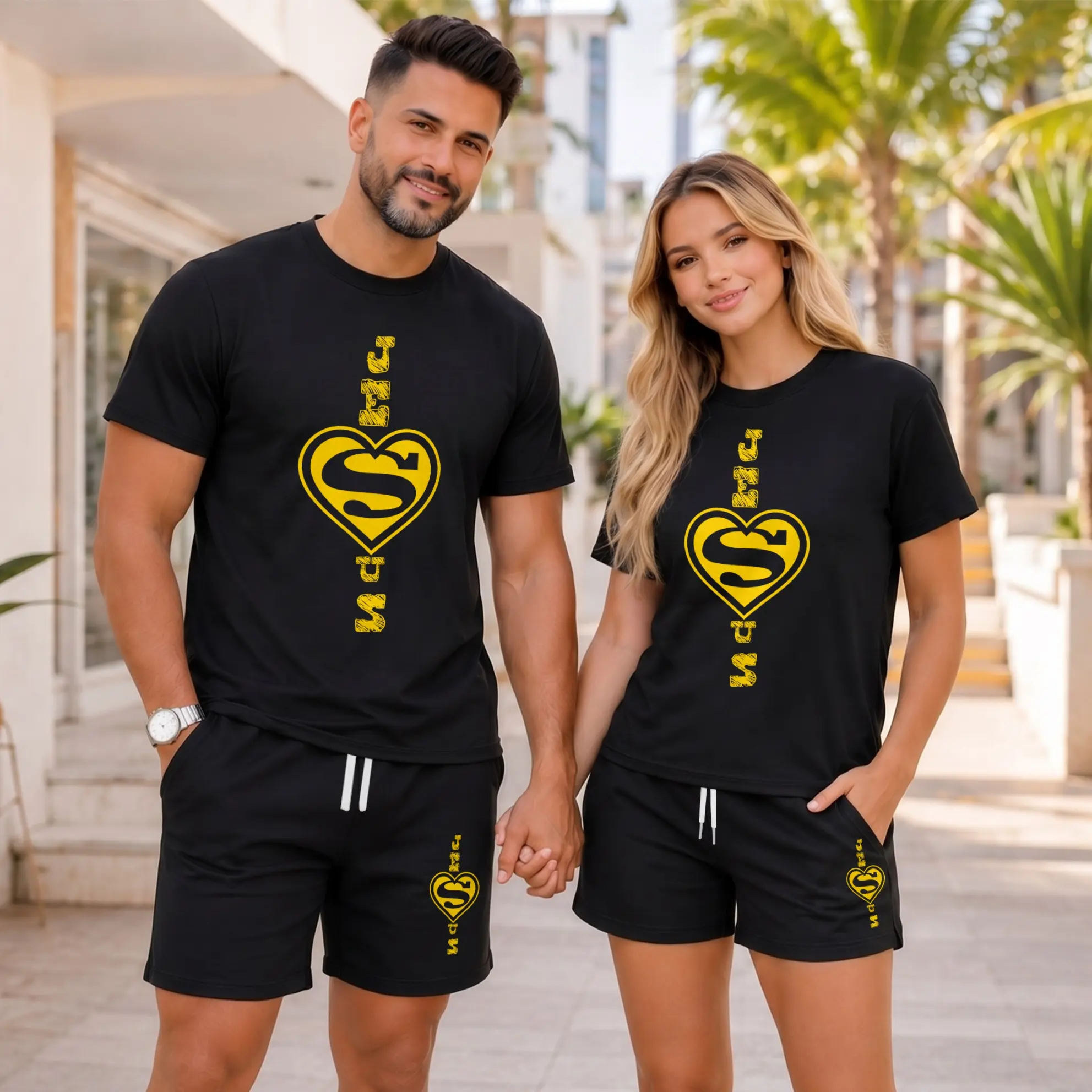 Couples Matching Short Sleeve T-Shirt and Shorts Set, Jesus Heart Graphic Print Two Piece Outfit, Casual Summer Matching Set for Couples, Streetwear Looks, Vacation, Date Outfits, Travel, and Daily Wear