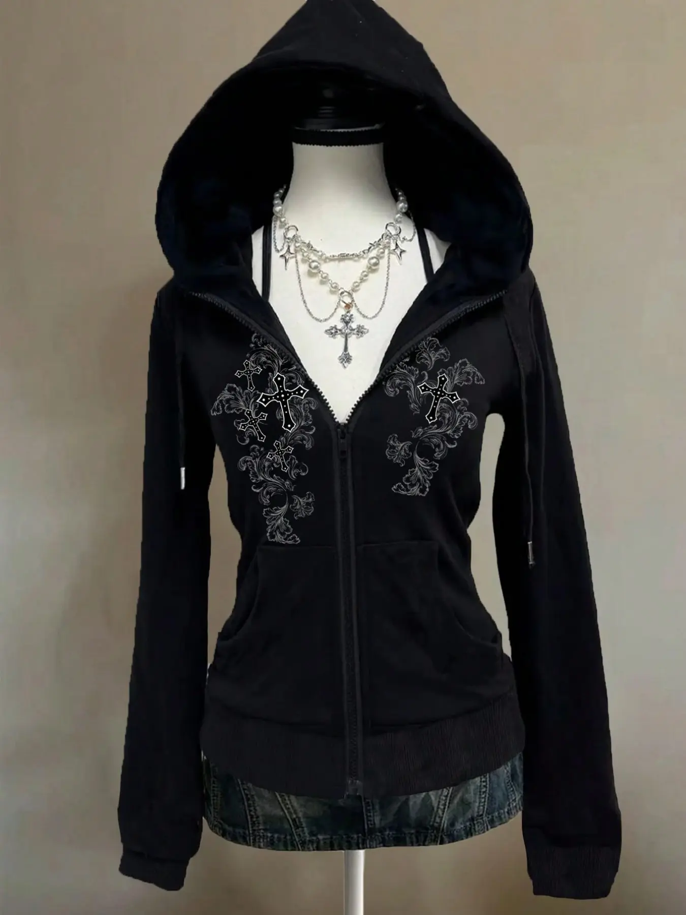 Fall Streetwear Y2K Aesthetic Hoodie, Casual Loose-Fit Striped Punk Floral Print, Women's Daily Wear Cross-Over Design Jacket