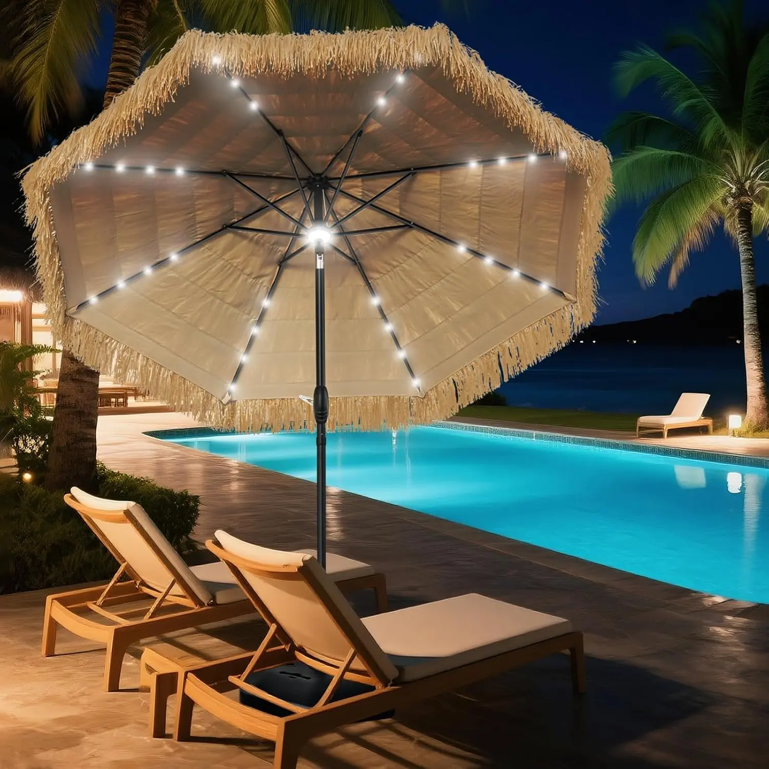 9 ft  Umbrella with 32 LED Lights, Outdoor Patio Umbrella with Solar Lights, Tropical Vibes Thatched Umbrellas with 8 Ribs, Tilt Adjustment, Manual Crank, UPF 50+ for Pool, Beach, Backyard,Garden
