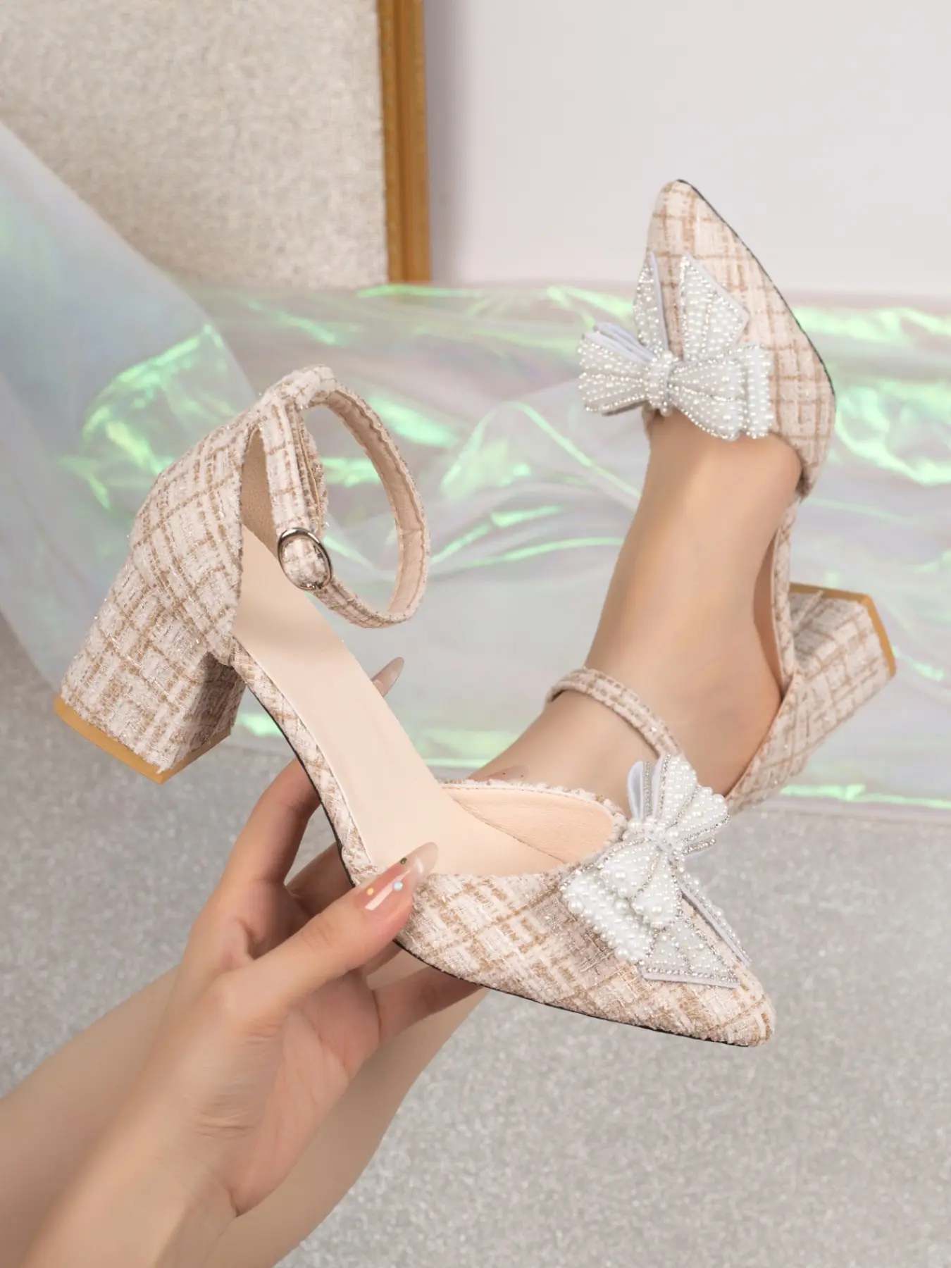 New Small Charming Heeled Shoes, Pointed Toe Pearl Bow Strap Hollow Out Sandals, Fairy Style Shoes in Multiple Colors