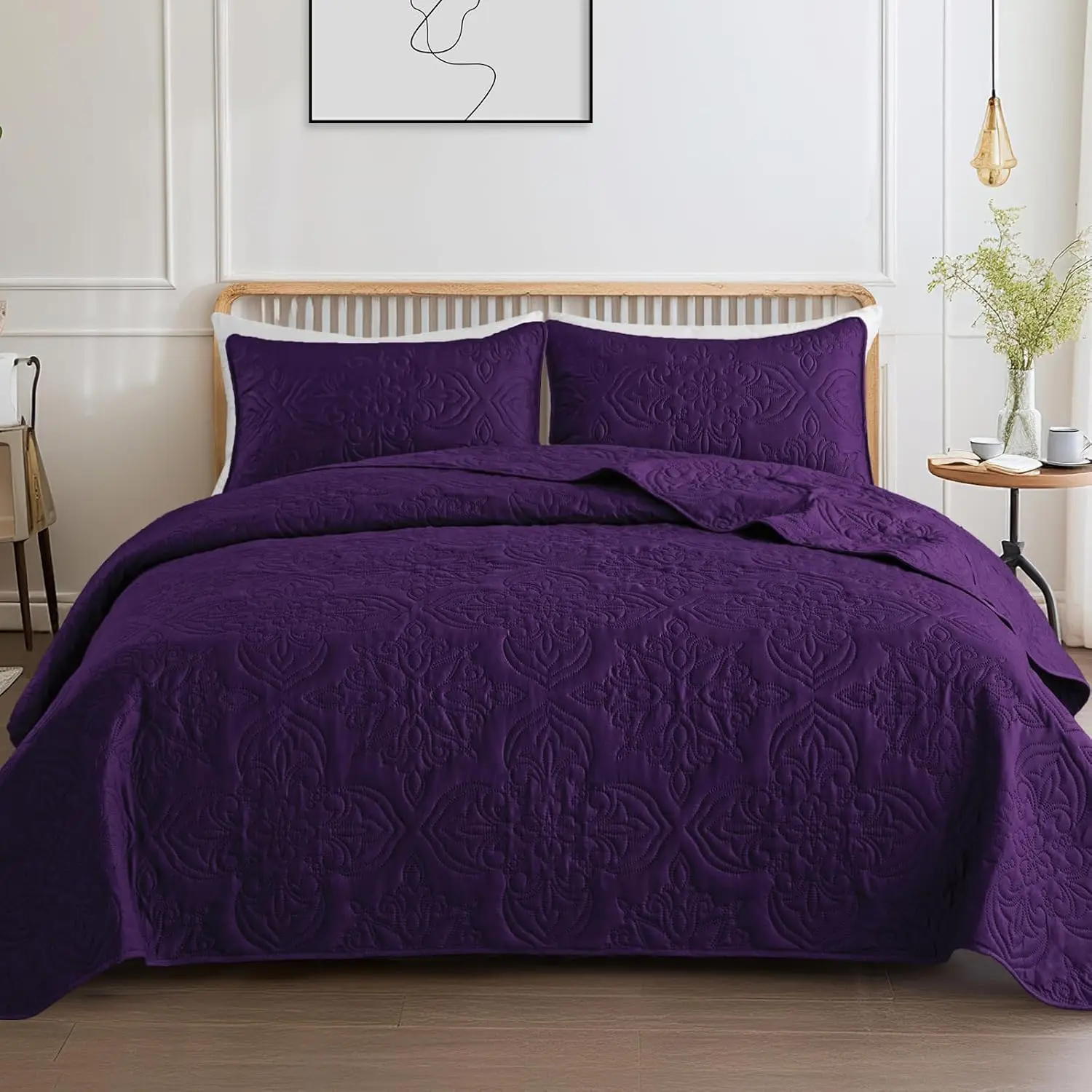 Soft Queen Bedding Set for All, Vintage Damask Ultrasonic Full Size Set, Lightweight Reversible Bedspread, Coverlet, Bed Cover with 2 Pillow Shams, Purple