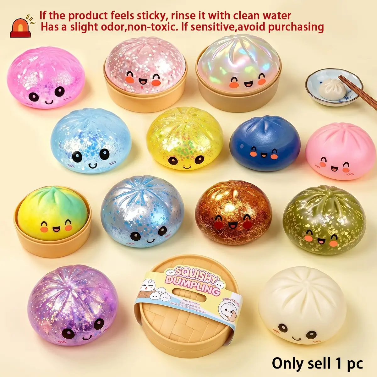 【Blind Box】2026 New squishy glitter dumplings Glitter Dumpling Squishy with Steamer Box, Soft Sensory Fidget fidgets for anxiety Steamed Bun Squeeze Tool sparkly squishies decompression sensory fidget for Adult Stress & Anxiety Relief