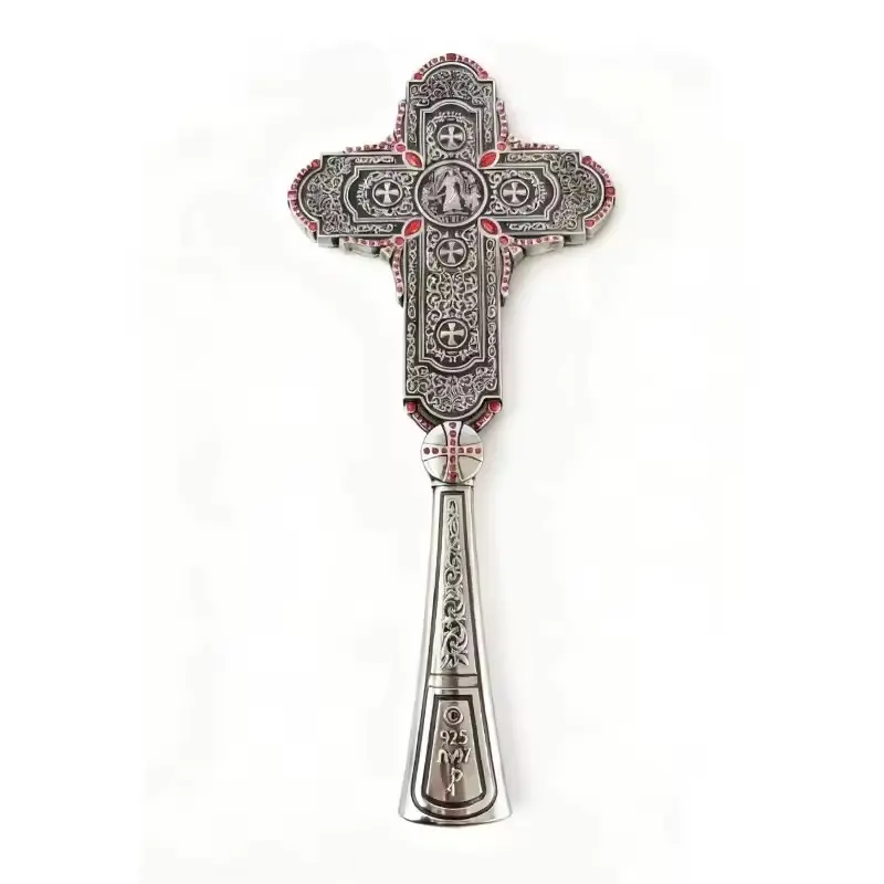 10.63inches Orthodox Handheld Blessing Cross, Inlaid Red Rhinestones Metal Prayer Crucifix, For Priest Church Ritual, Home Prayer Decor, Religious Baptism Confirmation Gift