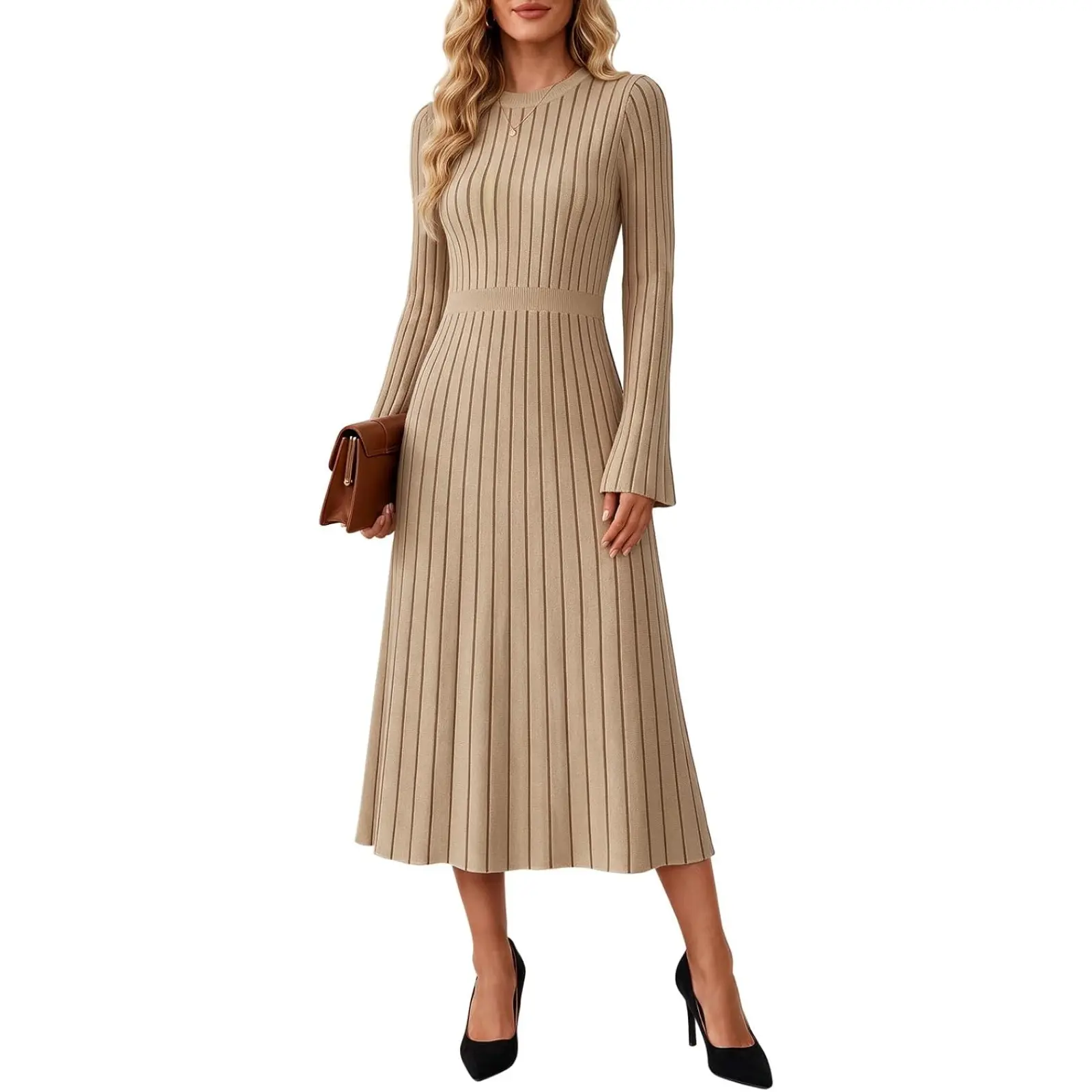 Wenrine Women's Poly Blend Midi Dress, Crew Neck A-Line Long Bell Sleeve Style with Elastic Waist, Ribbed Knit, Contrast Trims, Slim Fit, Solid Plain, Machine Washable Fall Winter Elegant Wedding Guest Casual Option
