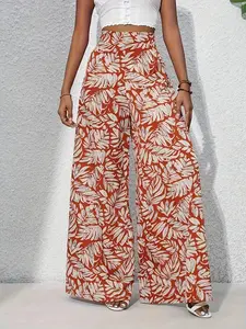 Women's Rust Tropical Leaf Print Wide Leg Pants, Boho Summer Style, High Waist, Side Pockets, Lightweight & Flowy, Beach Wear