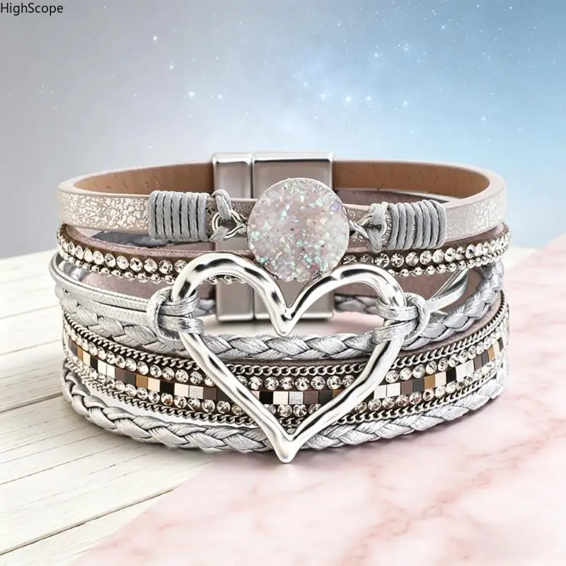 Boho Bracelet for Women, Braided Leather Multi-Layer Wrap with Gold Heart & Tree of Life Charms, Boho Braided Bracelets & Bangles, Braided Leather Bracelets & Bangles