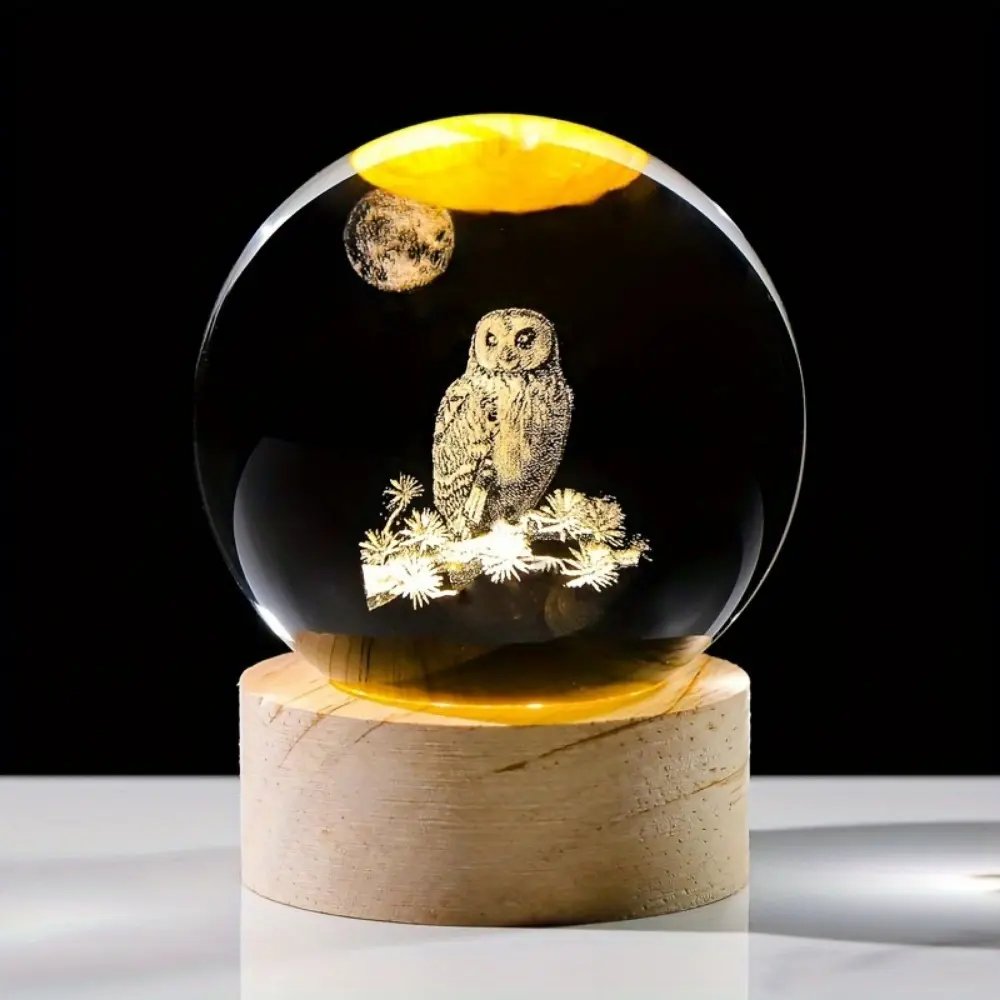 1pc Modern 2.3-in Glass Owl Ball with Wood Base, Freestanding Tabletop Animal Statue Decor, USB-Powered Adjustable Lighting, Toggle Control, Polished Finish, Light Up Your Space, Ideal Gift for Mother's Day/Christmas