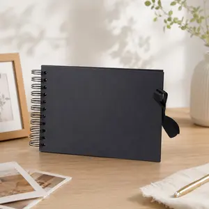 [A5 Size, 60 Pages] DIY Scrapbook Photo Album, Handmade Crafts Hardcover Black Cardstock Memory Book with Ribbon Tie and Spiral Bound for Anniversary, Wedding Guest Book, Graduation Travel Scrapbooking