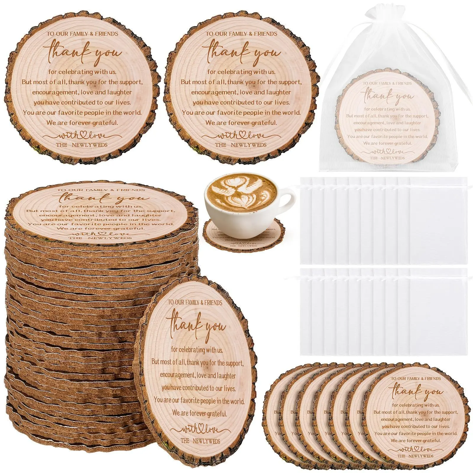 200pcs Wedding Favors Included 100 Tree Bark Cork Coasters And 100 White Organza Bags For Guests Cork Coasters Bulk Thank You For Celebrating With Us Party Decoration Wood Coaster Rustic Wedding Gift Bridal Shower Party Favors(Tree Bark)