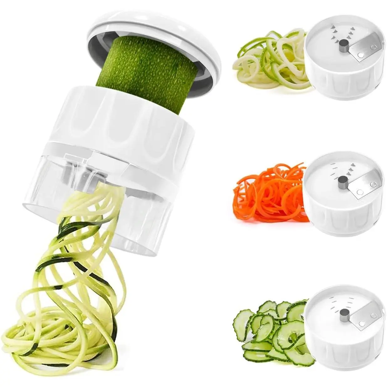 Handheld 3-in-1 Stainless Steel Blade Round Vegetable Spiralizer Slicer - Adjustable Zucchini Carrot Noodle Maker, Easy-to-Use Kitchen Tool (White)