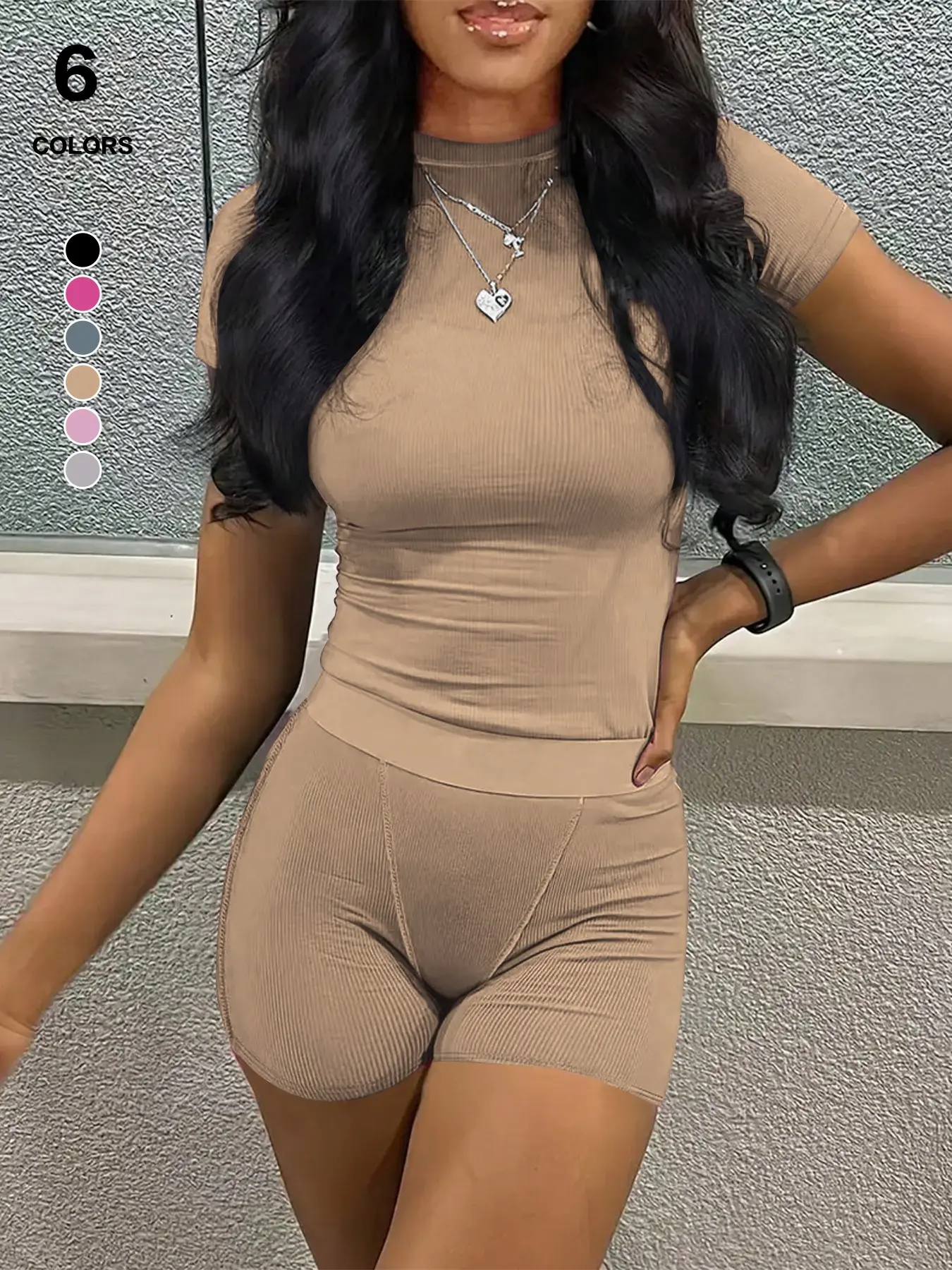 Women Slim Fit Ribbed Knit Sleepwear Set, High Neck Crop Tee & High Waist Bodycon Shorts, Soft Stretchy Casual Loungewear, Solid Color Tracksuit, Fitted Sleepwear Set