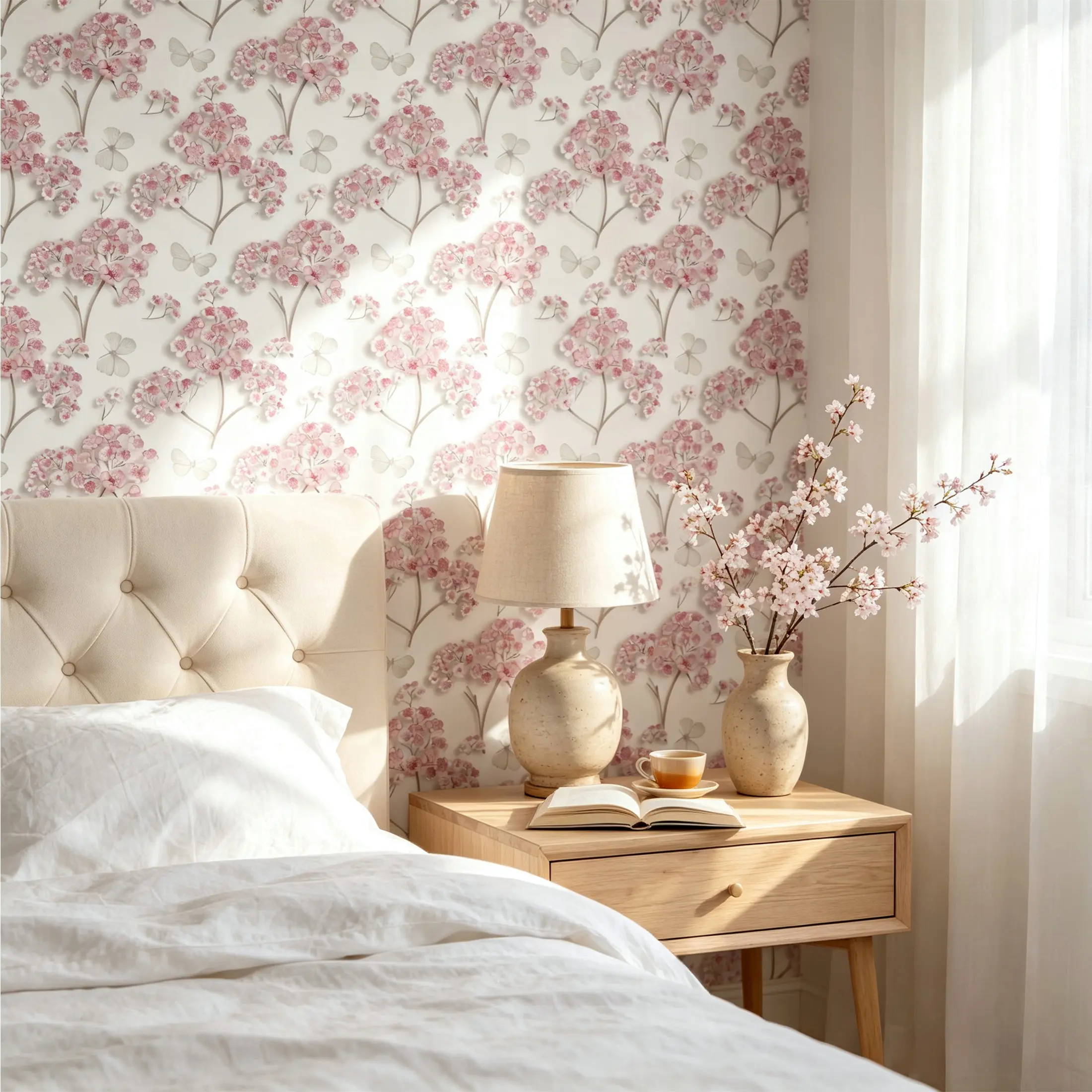 Cherry Blossom Self-Adhesive Wallpaper, Floral Peel and Stick Bedroom Wallpaper, Waterproof Removable PVC, Seamless Patchwork, DIY Home Decor, 44.5cm Wide