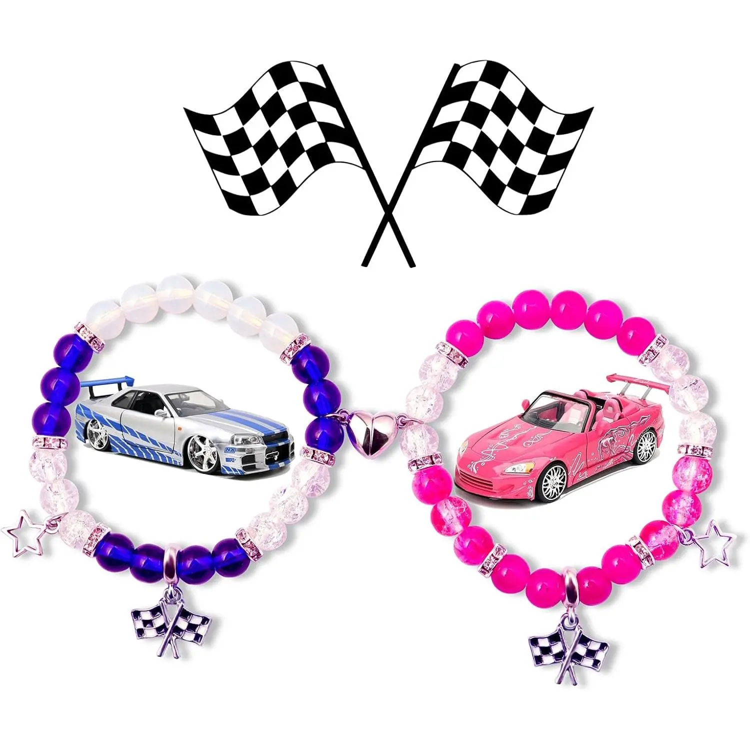 Racing-Inspired Couples Bracelets, Matching Heart Set with Checkered Flag Charms,  Blue & Black Red Duo  for Couples &