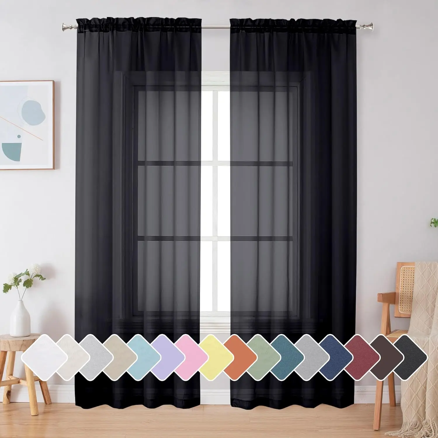 Black Sheer Curtains 84 Inches Long, Light Filtering Rod Color Window Sheer Panels, Elegant Curtains & Drapes for Living Room, Bedroom 2 Panels (Black, 42" W x 84" L)