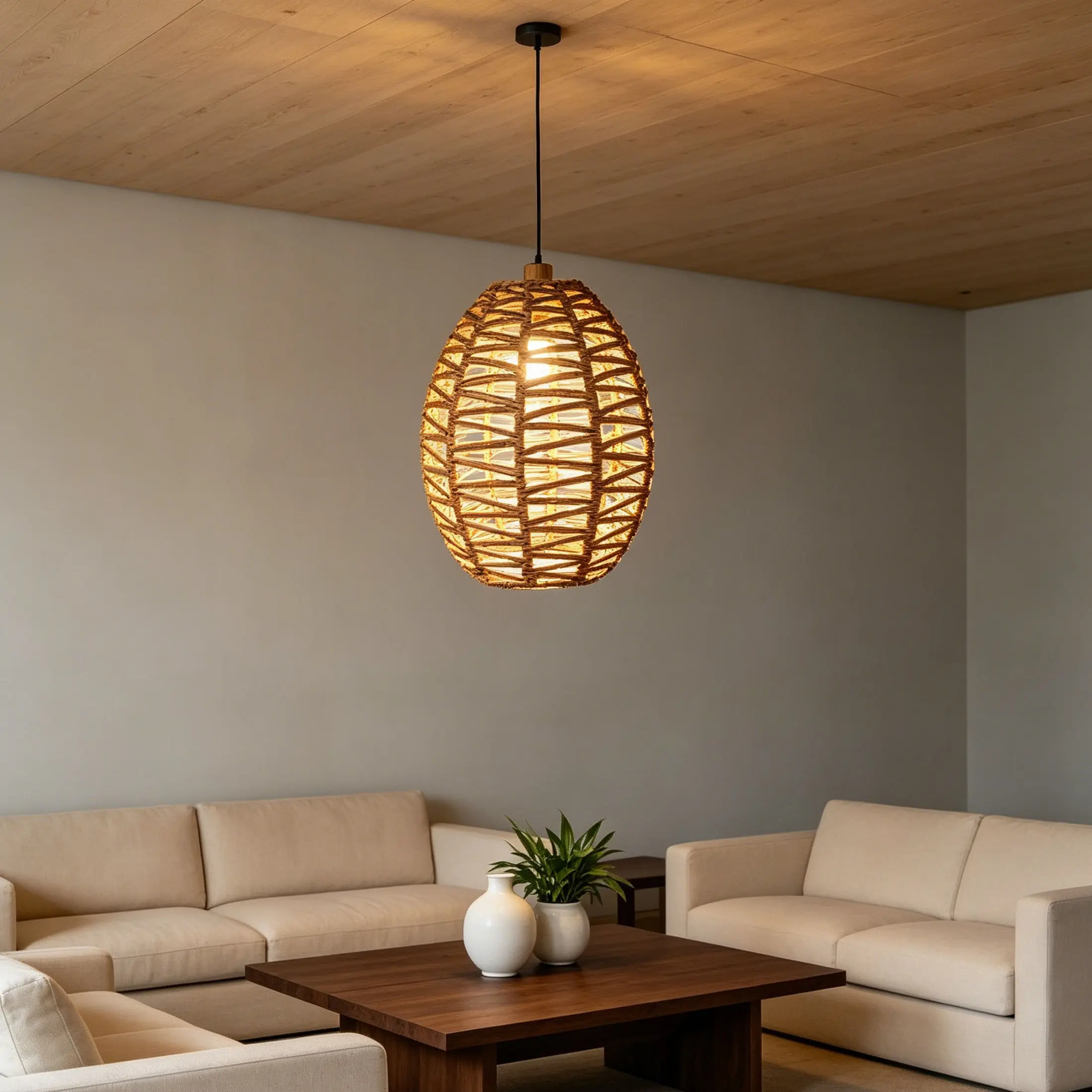 Olive-Shaped Handwoven Paper Rope Pendant Light Shade, Bohemian Wabi-Kusa Style Lattice Lampshade for Bedroom Dining Room Airbnb