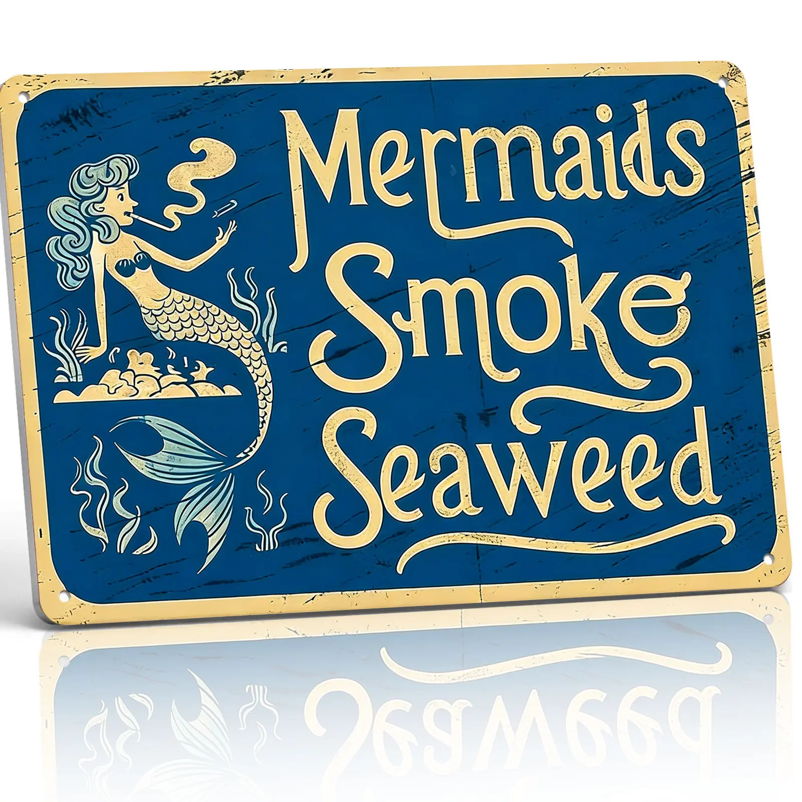 8x12 In Vintage Mermaid & Seaweed Cartoon Decorative Wall Plaque, Rustproof Aluminium Rectangle Metal Sign, Coastal Indoor-Outdoor Daily Home Decor for Beach House Gift