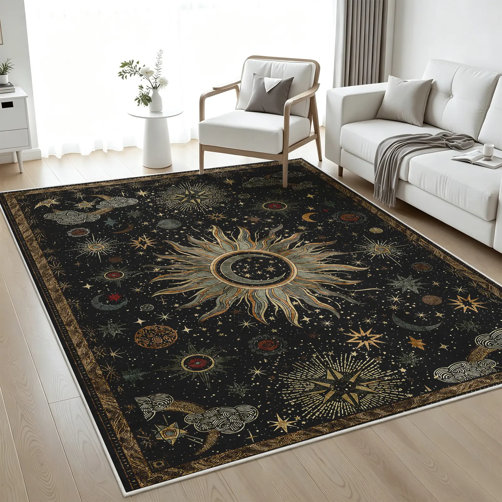 8x10ft Black Celestial Sun and Moon Motif Area Rug - Ultra-Soft, Non-Slip Backing, Durable Edge, Machine-Washable, Stain-Resistant Floor Carpet for Living Room, Bedroom, Office, and Dining Room, Easy Care Home Decor Alfombras Para Sala, Contemporary Home,