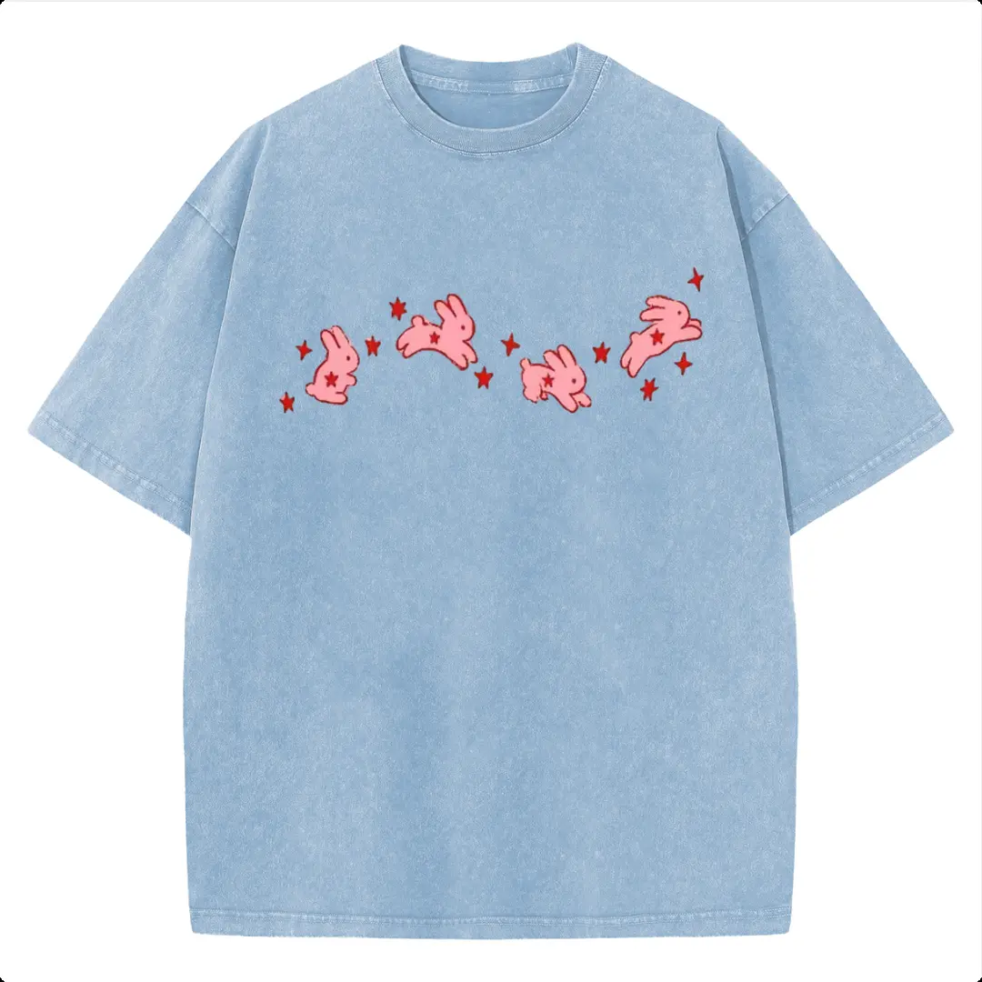 HarleyLand Oversize Acid Wash Vintage "Pink Star Bunnies" Graphic T-Shirt, Artistic Retro Rabbit Casual Graphic Tee, Heavyweight Cotton Streetwear Graphic Vintage Tees Unisex Crewneck Tshirt, 2026 New Color
