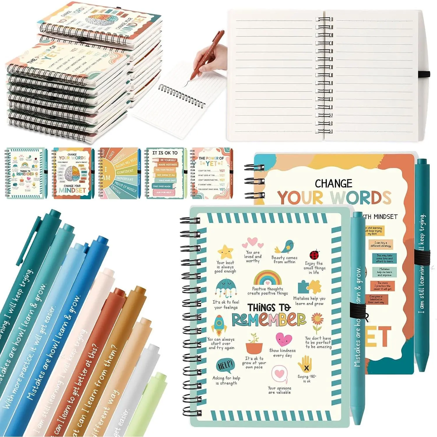40-Count School Encouragement Office Stationery Set - 20 Self Care Notebooks with Motivational Pages, 20 Positive Affirmation Pens with Positive Prompts, Self-Care Tools for Teachers/Counselors (Growth Mindset)