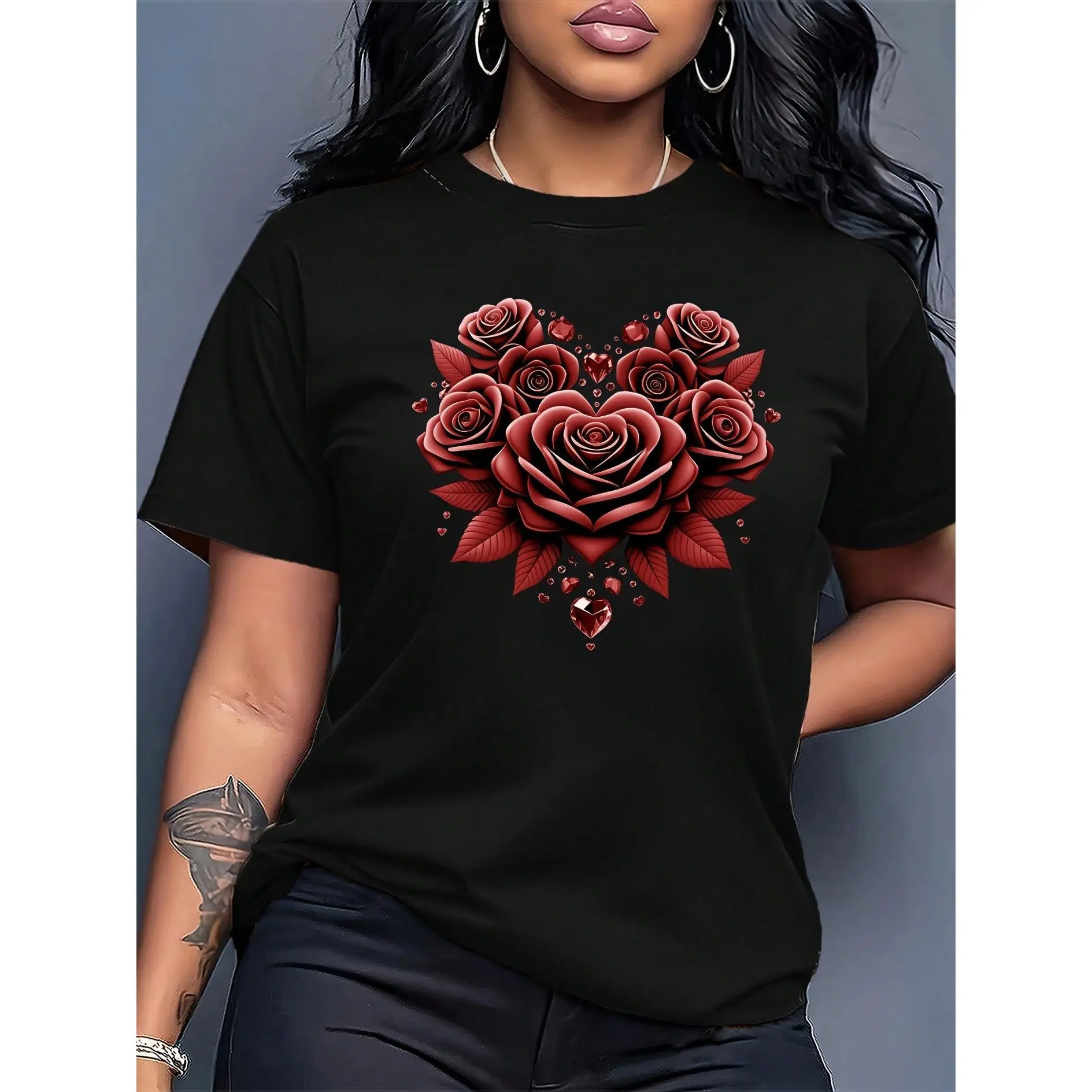 Women's Crew Neck Short Sleeve T-Shirt, Rose Heart Print Loose Casual Soft Breathable Top
