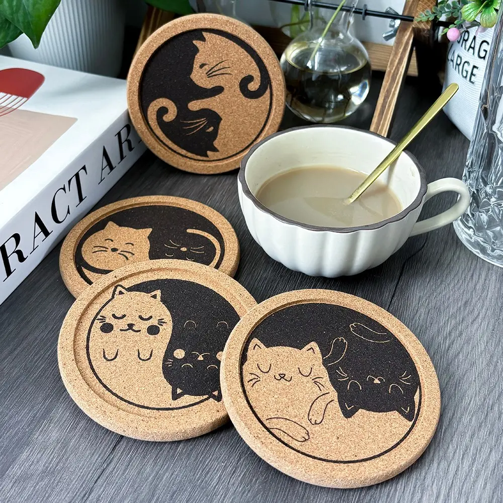 4pcs with Grooved Round Edge Thickened Cork Coasters Creative Engraved Cute cats Pattern - Heat-Resistant, Suitable for Mugs, Glasses, Coffee Coasters for Home Tabletop Decoration