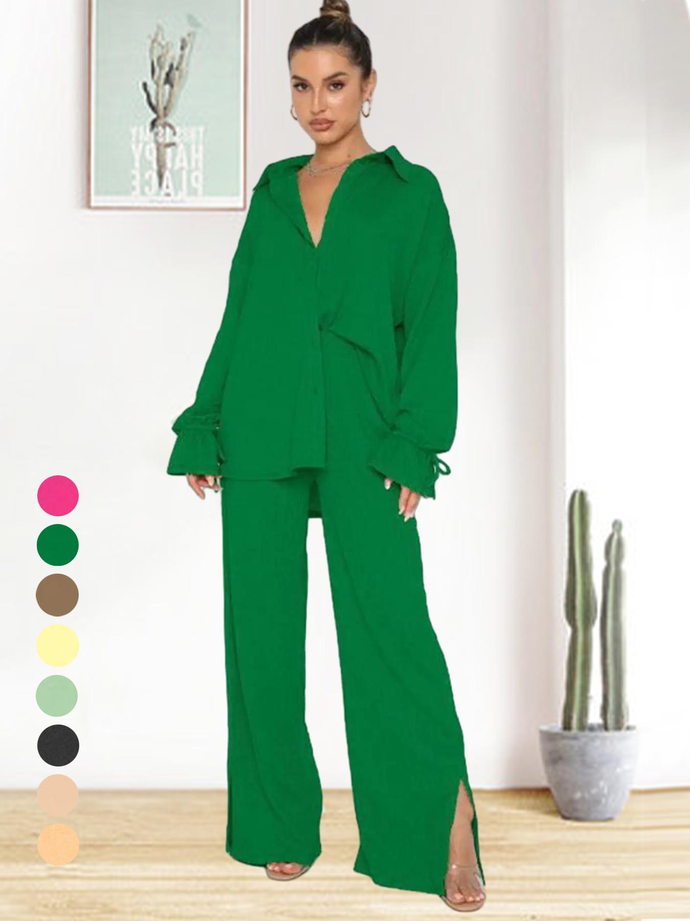 Women's Solid Color Button-Up Shirt with Split Pants Set Outfit, Casual Ruffle Sleeve Top and High Waist Wide Leg Trousers for Spring Summer Style