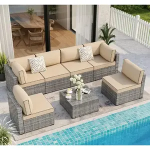 Walsunny Patio Furniture Set 7 Pieces Outdoor Rattan Chair Wicker Sofa Garden Conversation Bistro Sets for Yard, Pool or Backyard, Silver Gray