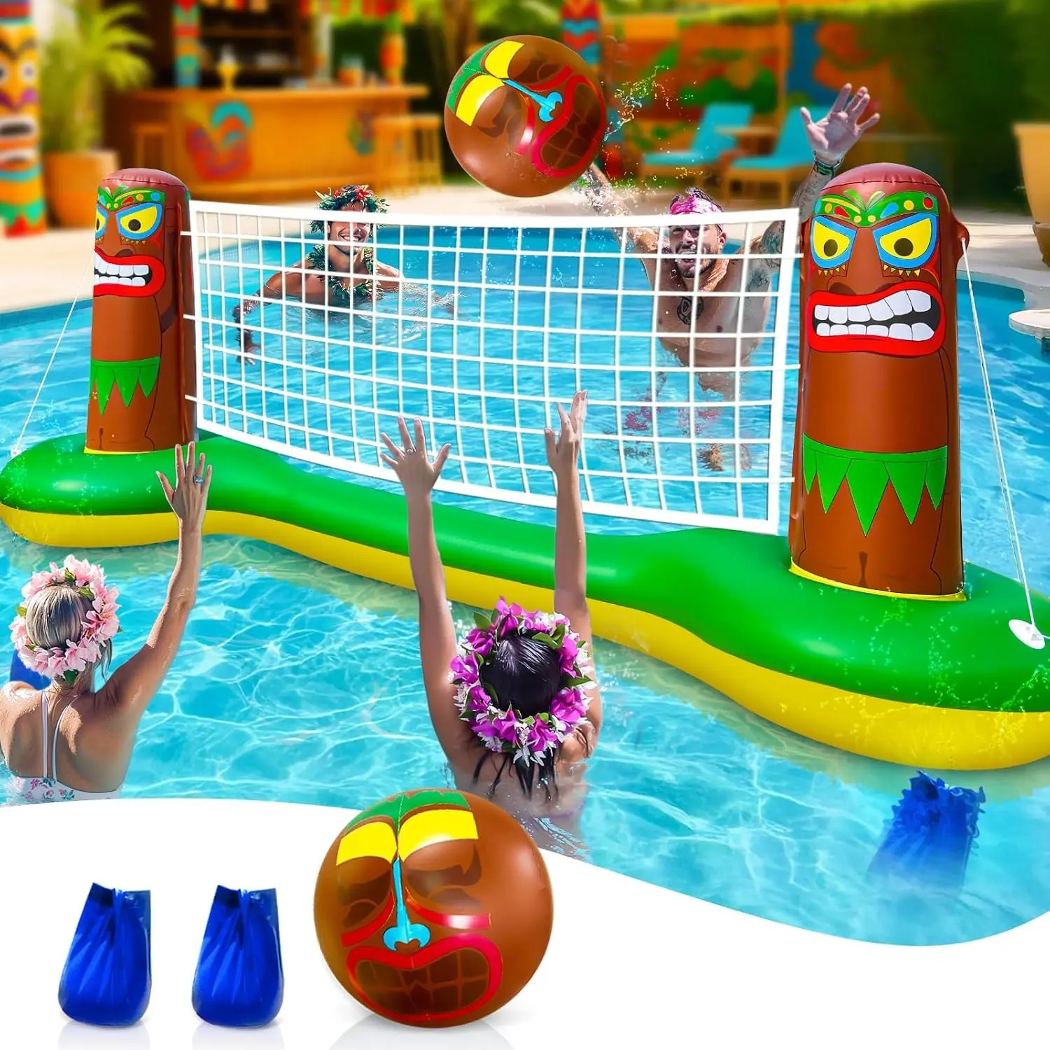 Inflatable Luau Tiki Pool Volleyball Net Game - Large 105"x28"x35" Floating Water Toy Set with Beach Ball for Adults, Indoor Outdoor Tropical Hawaiian Summer Party Supplies