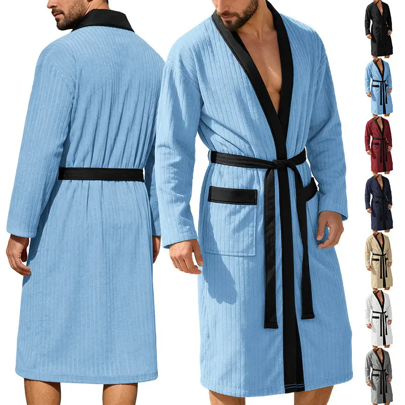 Men's Long Jacquard Soft Solid Robe, Belted European‑American Plus Size Loungewear Bath Sleep Robe for Men Menswear Nightwear
