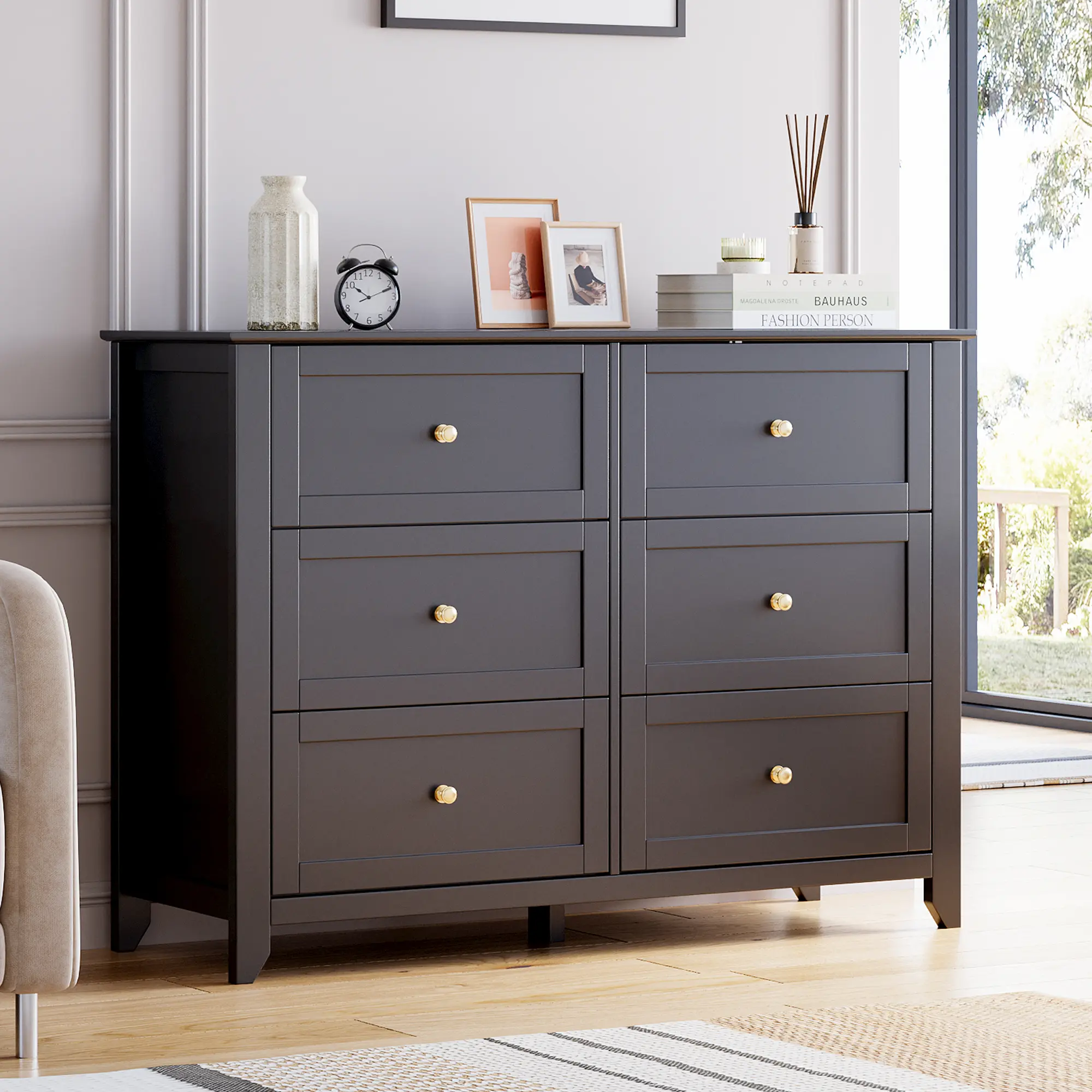 Garvee Large Capacity - Modern Grey 6-Drawer Dresser for Bedroom - Deep Wooden Drawers, Versatile Chest for Living Room, Closet, or Hallway