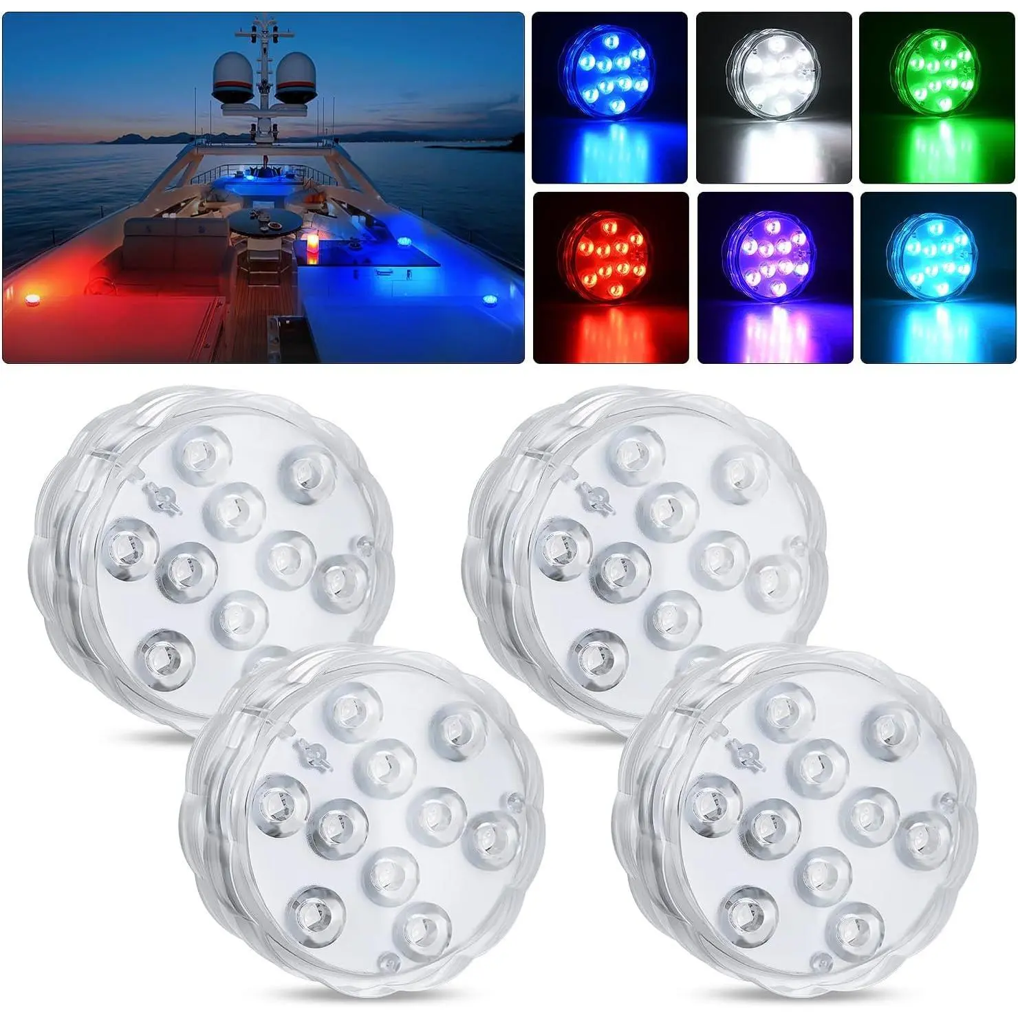 Nilight 4 PCS 10LED RGB Wireless Remote Control Submersible Marine Lights, Cabin Ambiance & Exterior Deck Lights, Boat Accessories for Pontoon, Fishing Boat, Yacht, Golf Carts, Swimming Pools