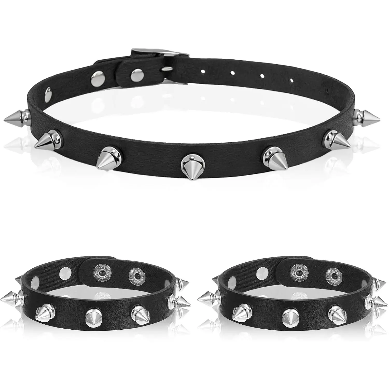 3 count Leather Gothic Spiked Choker, Black  Studded Bracelets  Necklaces, Adjustable Punk Accessories for Men & Women, Goth Costume  for Halloween
