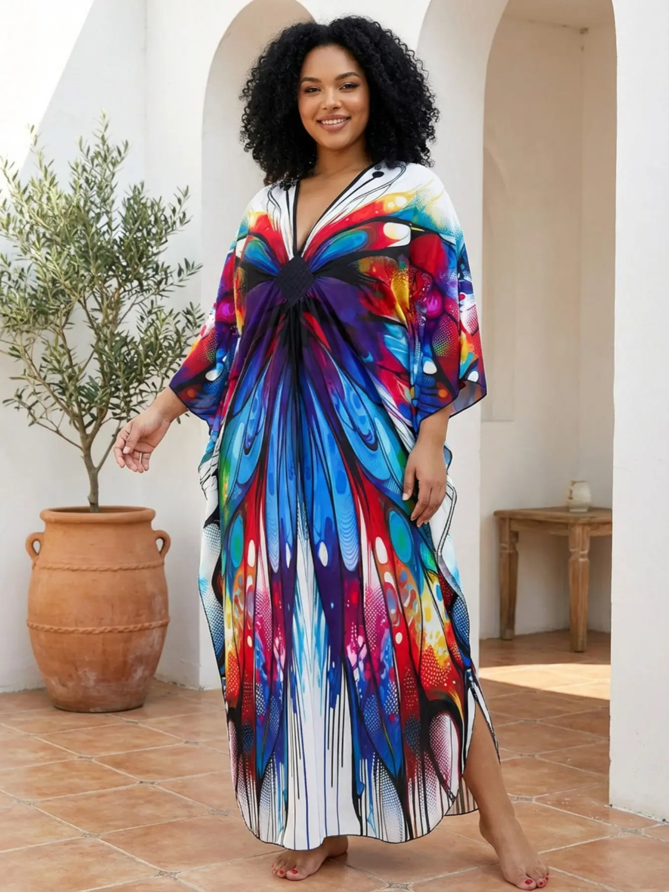 EDOLYNSA plus size Kaftan Dresses for Women printing Moo Moo Dress muumuu caftan beach dress lightweight swimsuit cover-up relaxed flowy outfit vacation Casual Boho Style Womenswear Boho Fashion Bohemian robe Maxi Womenswear Q1588