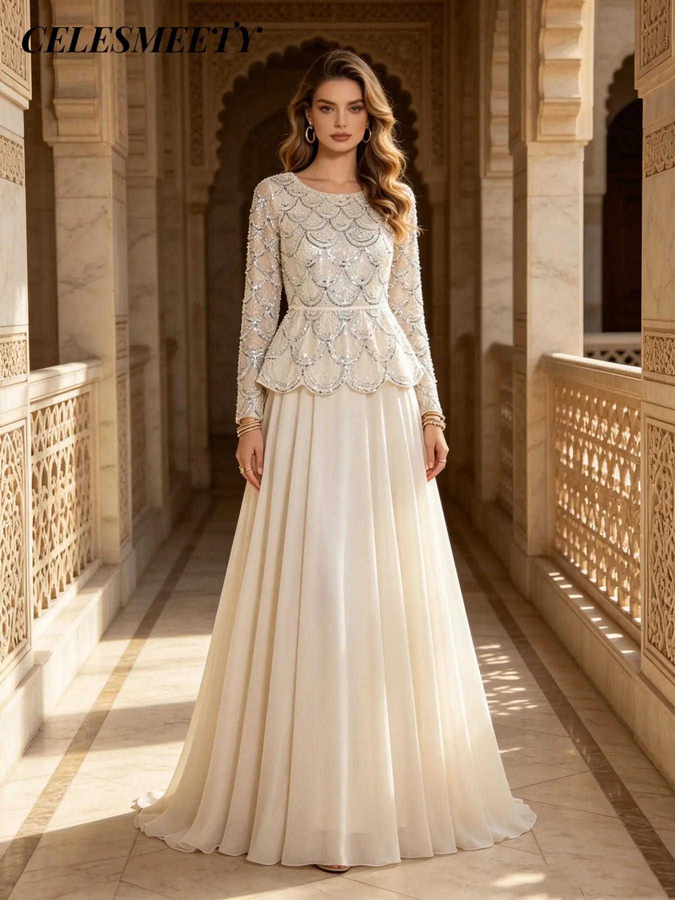 Celesmeety Women's Elegant Formal Wear Embroidered Sequin Gown Chic High Neck Sequin Long Dress, Chiffon Sheer Long Sleeve, Perfect for Wedding Guests, Graduation Dance, Dinner Party