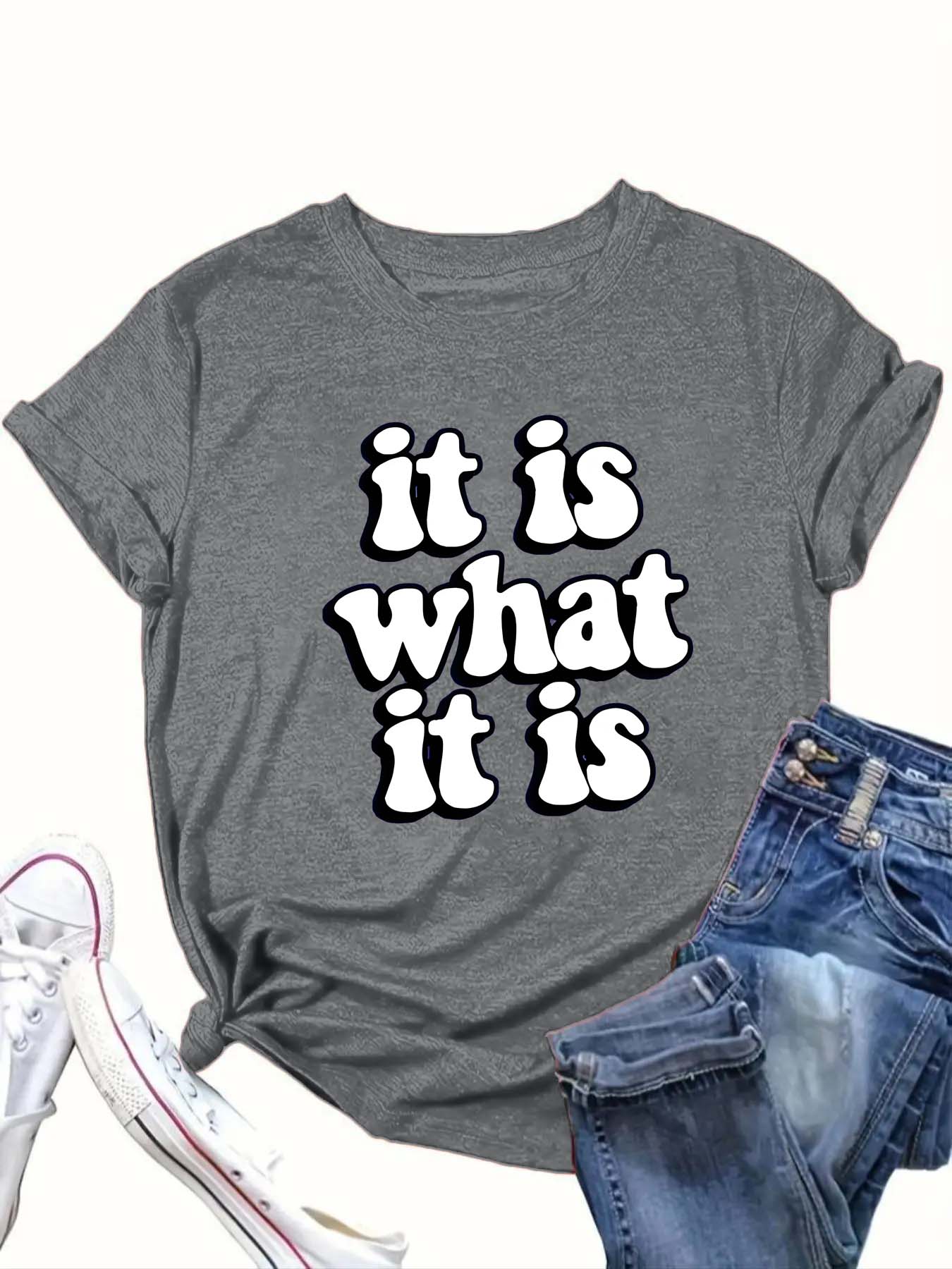 【Plus Size】 "IT IS WHAT IT IS" Print Round Neck Tee, Fashion Casual Crew Neck Short Sleeve T-shirt for Daily Outdoor Wear, Women Clothing for All Seasons
