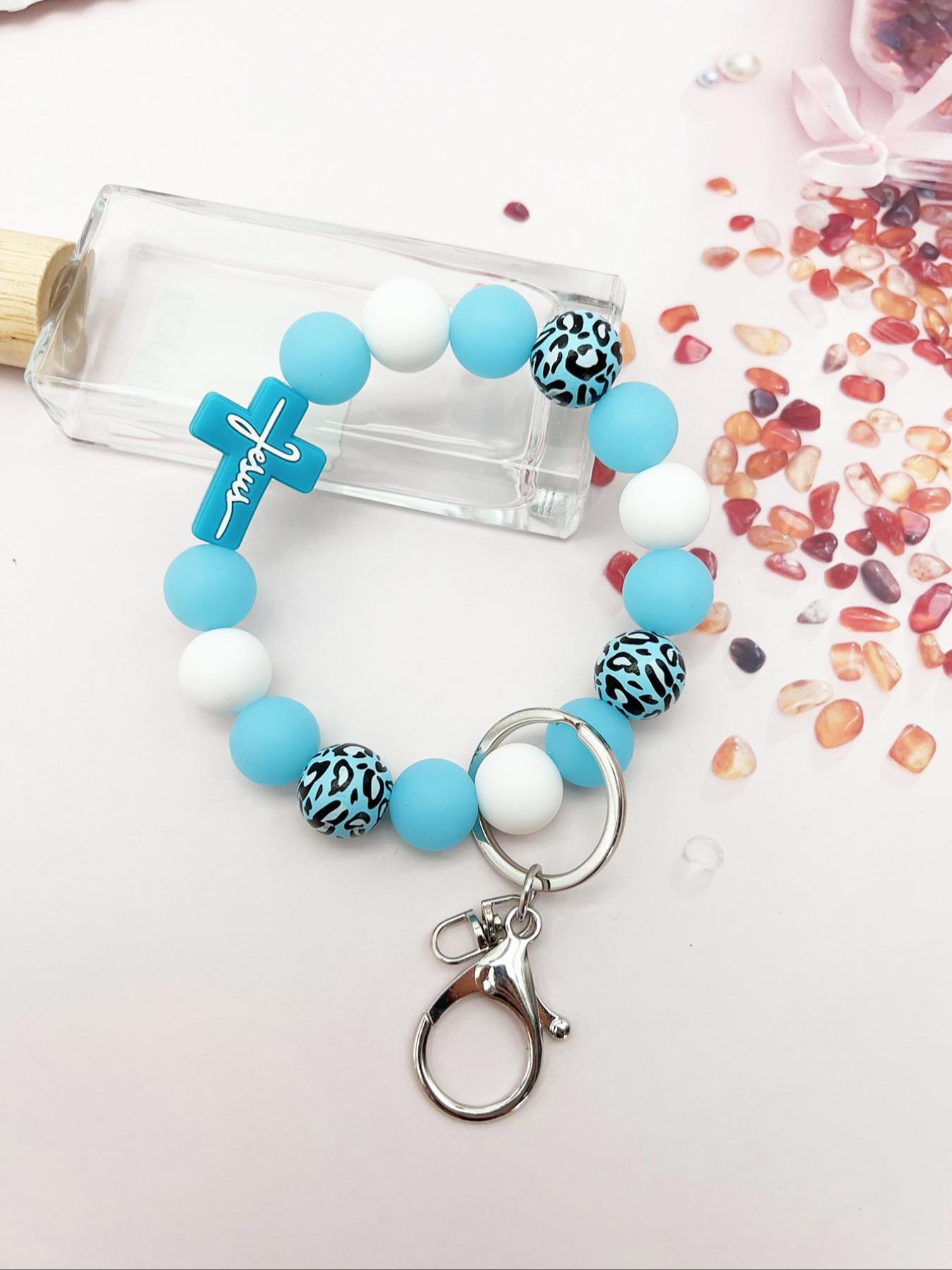 Leopard Wood Beads Cute Charms Keychain, Multi-colored Silicone Beads, Initial Keychain, Crossover Letters Bag Pendant, Car Key Pendant, Gift for Friends