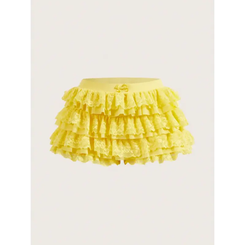 Women's Summer Balletcore Casual Low-Waist Yellow Mini Shorts, Sweet Bow, Kawaii Mesh, Contrast Lace Ruffle Trim, Comfortable Fabric Bottoms with Flattering Fit Sports Clothes
